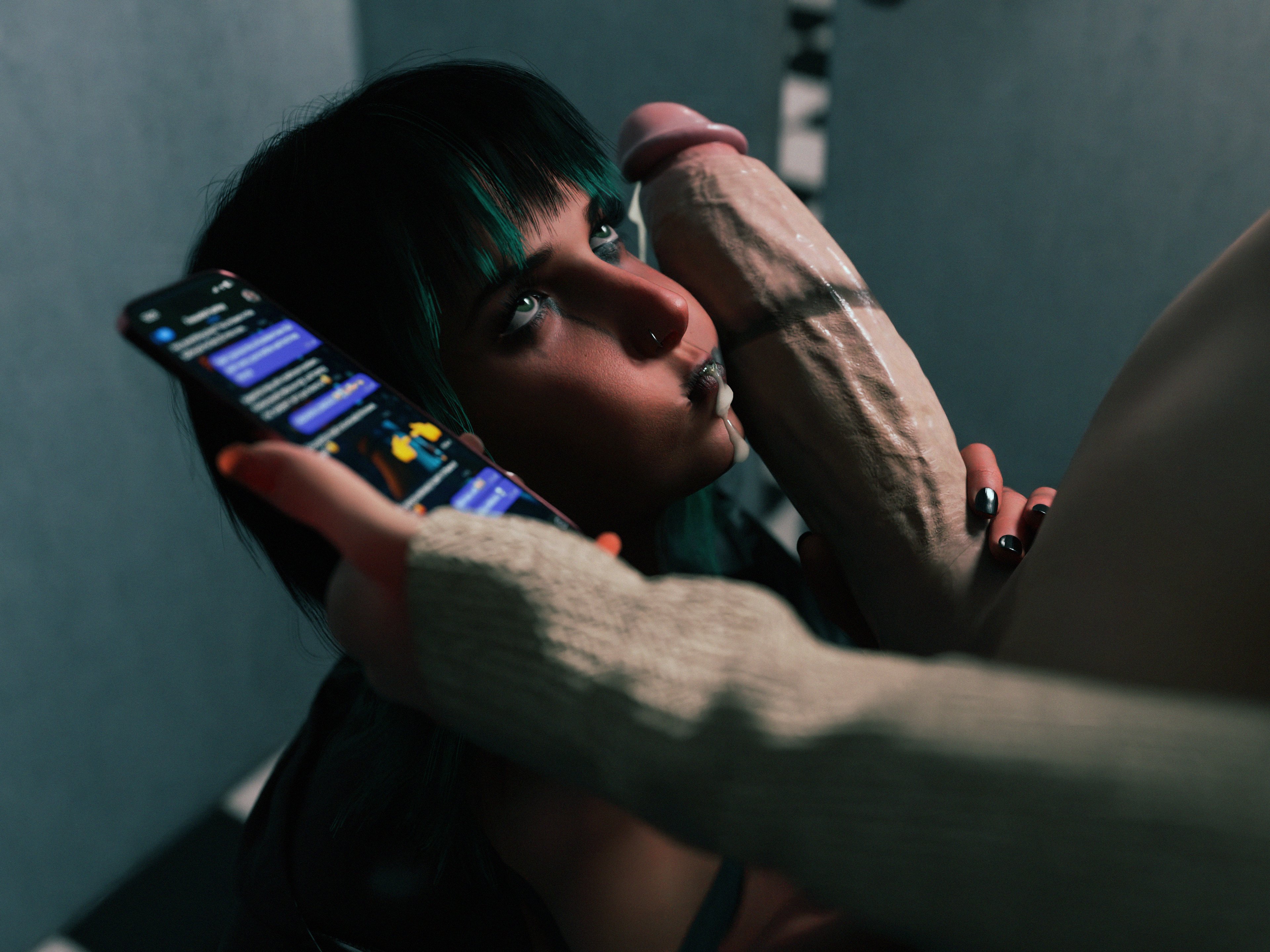 1boy, 1futa, 3d, after fellatio, cheek bulge, cum in mouth, duo, ejaculation, erection, fellatio, femboy, futa on male, futanari, holding phone, intersex, lipstick, lipstick on penis, lipstick ring, male, male focus, mouth full of cum, mouthful, oral, penis, runny makeup, runny mascara, smeared lipstick, smeared makeup, smeared mascara, texting, zeroshimi