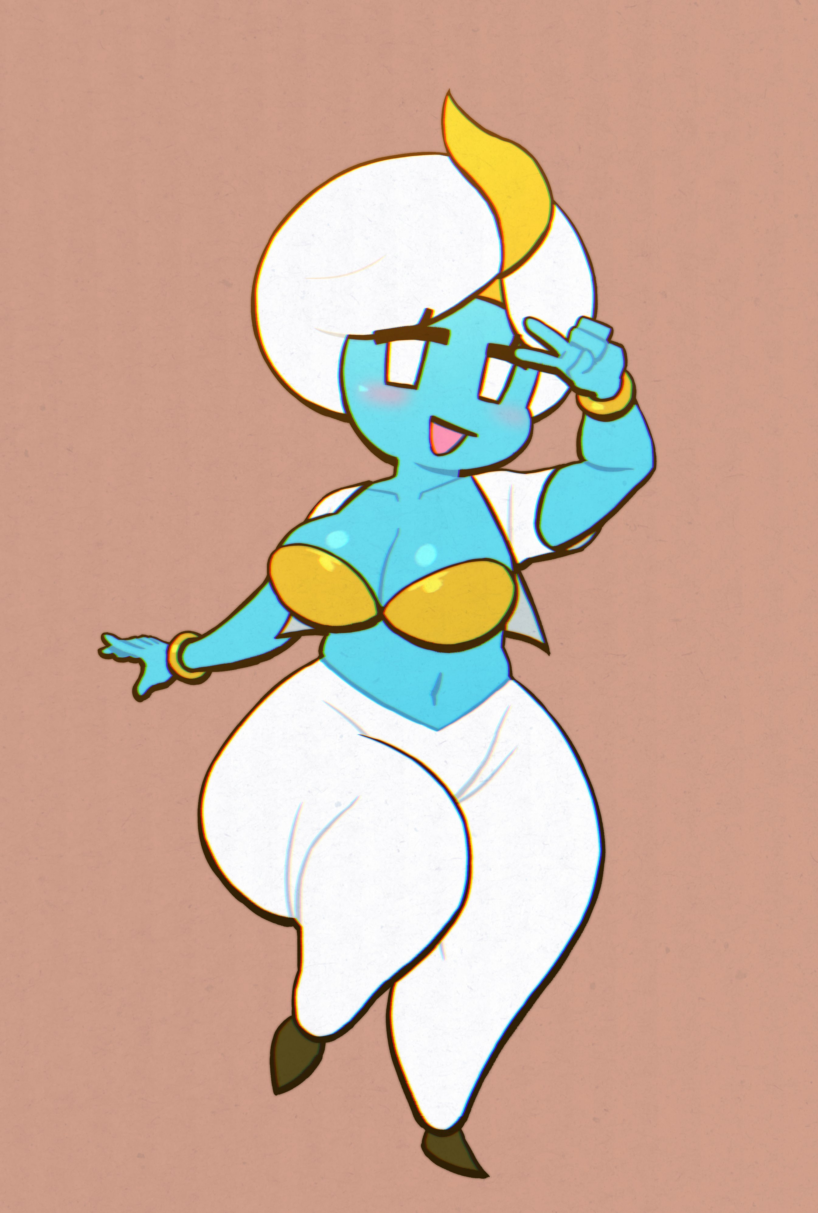ankh (character), ankh (part time ufo), big breasts, blue skin, breasts, female, lovetopullmicke, part 1, part of a set, part time ufo, peace sign, thick thighs