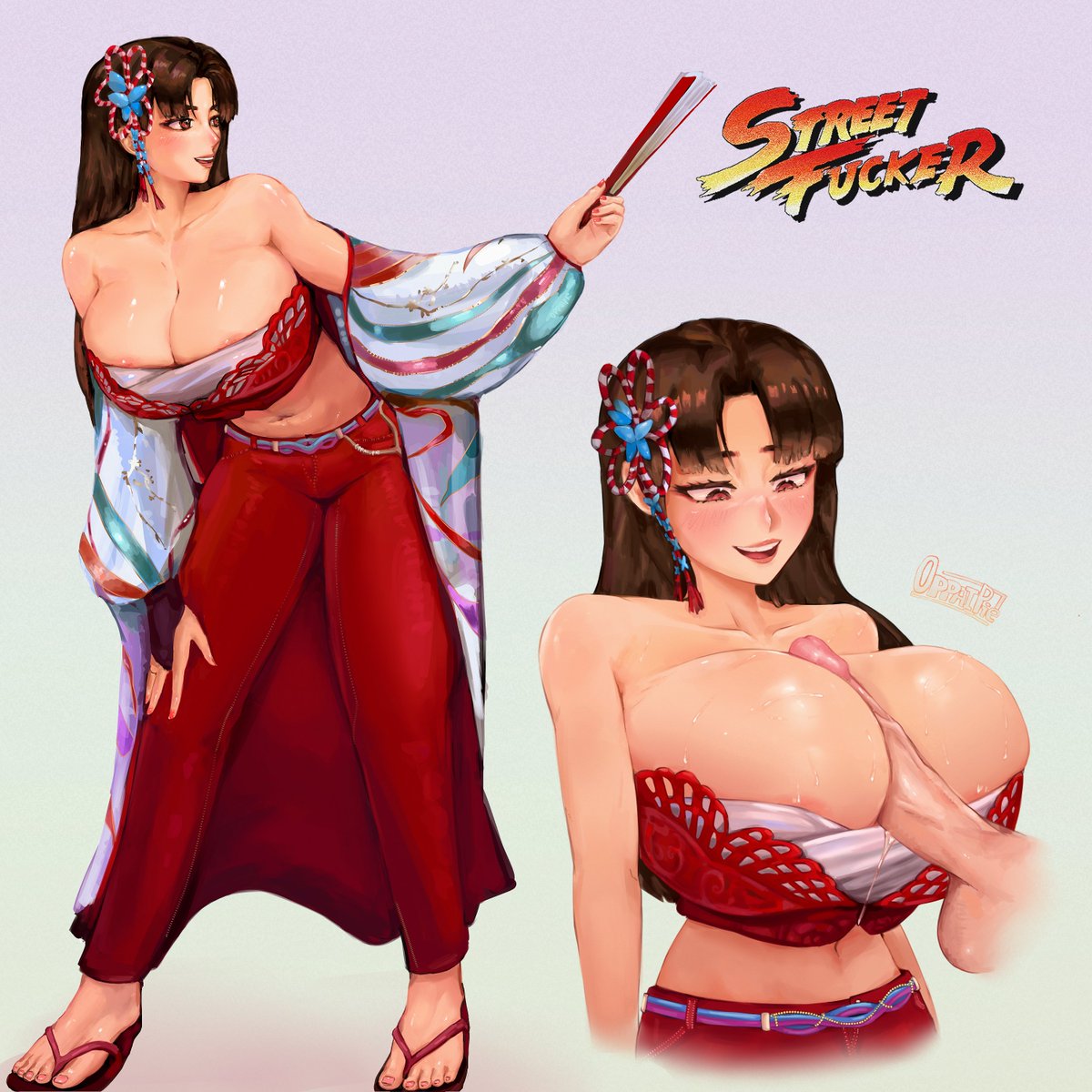 1boy, 1girls, alternate version available, andy bogard, balls, blush, breasts, erection, fatal fury, feet, female, huge breasts, king of fighters, large breasts, mai shiranui, mai shiranui (street fighter 6), male, open mouth, oppaipie, paizuri, penis, sandals, street fighter, street fighter 6, testicles, titjob, toes, uncensored