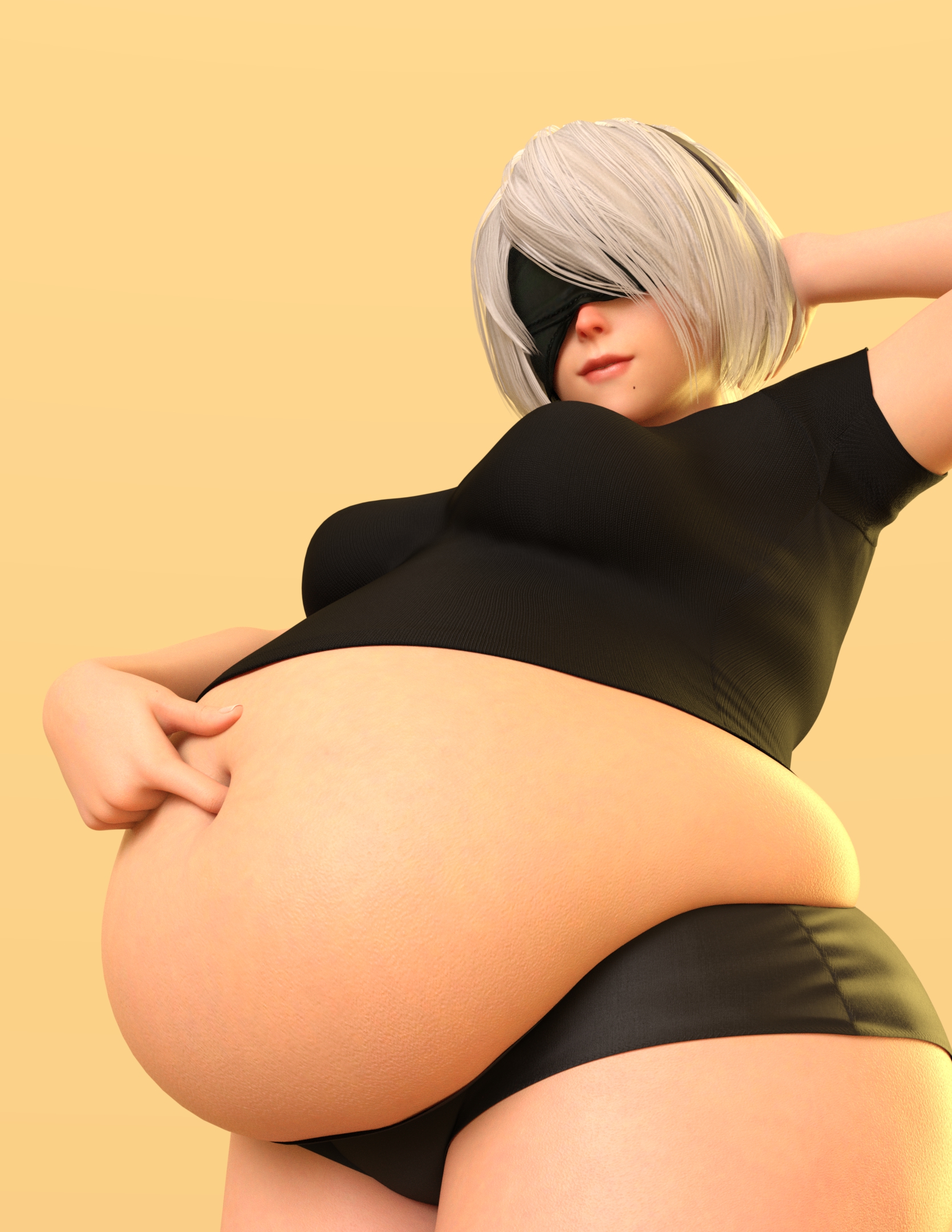 1girls, 3d, bbw, belly, belly button, big belly, blindfold, breasts, chubby, clothing, fat, female, female only, hairband, light skin, light-skinned female, looking at viewer, nier, nier: automata, overweight, short hair, solo, thick thighs, white hair, yorha 2b, zazkinkart
