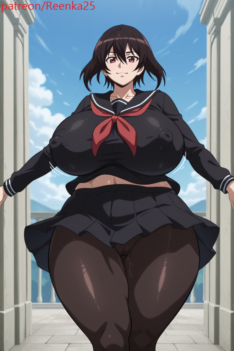 ai, ai generated, akame ga kill!, ass, black eyes, black hair, black pantyhose, black school uniform, black serafuku, black skirt, black uniform, breasts, cameltoe, erect nipples, female, hair between eyes, huge ass, huge breasts, hyper ass, hyper breasts, kurome (akame ga kill!), nipples, nipples visible through clothing, pantyhose, pussy, pussy juice, reenka25, school uniform, serafuku, short hair, skirt