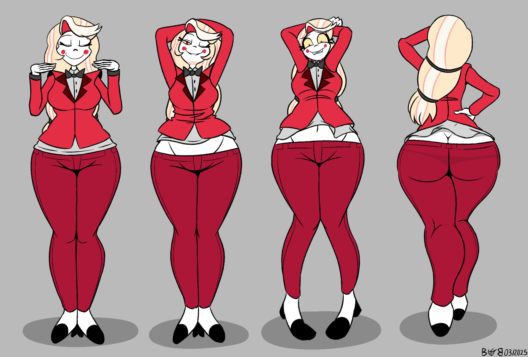 1girls, 2025, ass, ass cleavage, ass crack, big ass, blush, blush stickers, bottom heavy, breasts, bubble ass, bubble butt, butt cleavage, butt crack, charlie morningstar (hazbin hotel), cleft of venus, demon, demon girl, digital media (artwork), dimples of venus, fat ass, female, female only, hazbin hotel, huge ass, large ass, looking at viewer, looking back, low cut pants, lowleg pants, lowrise jeans, navel, smile, straight hair, thick ass, thick thighs, v-strip, van batthaus, white skin, wide hips, y shaped butt crack