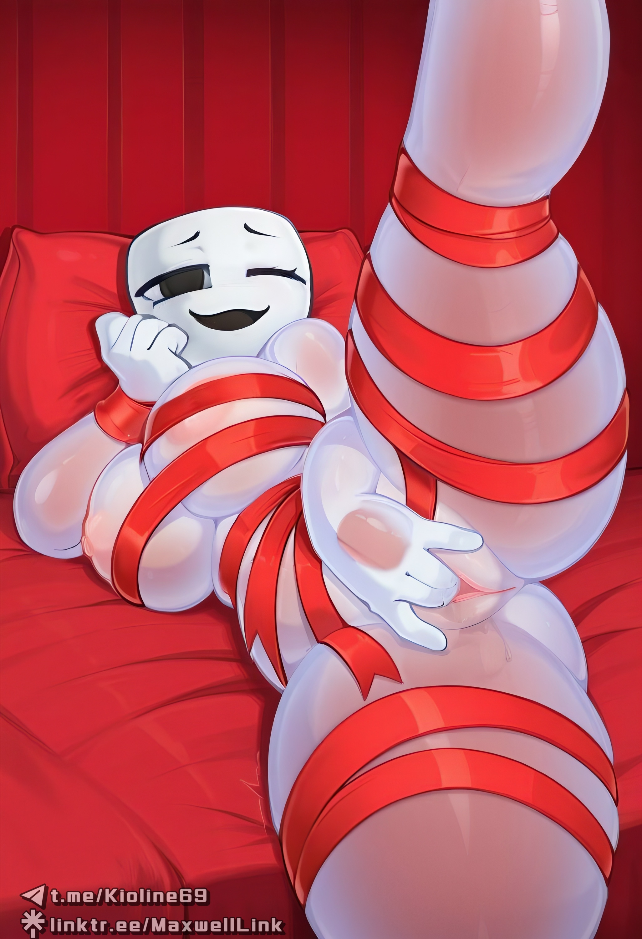 ai assisted, ai generated, big breasts, breasts, civitai, female, gangle (the amazing digital circus), kioline, leg up, mask, masturbation, on side, one leg up, red ribbon, ribbon, the amazing digital circus, thick thighs, wide hips