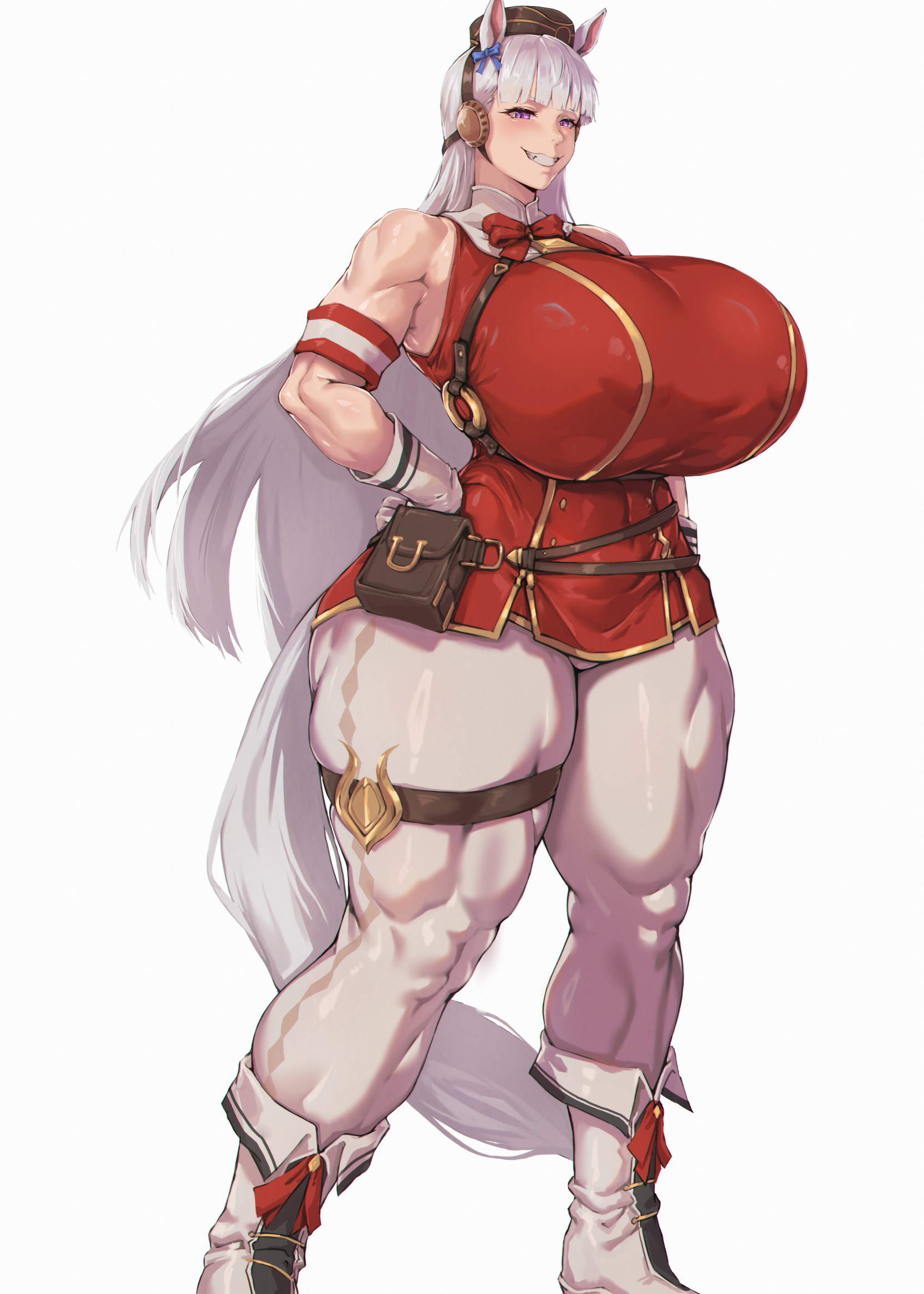 1girls, 2d, animal ears, areolae bulge, arm band, ass, big areola, blush, bodybuilder, breasts, breasts bigger than head, buff, female, female only, fit, fit female, fully clothed, gold ship (umamusume), horse, horse ears, horse girl, horse tail, huge ass, huge breasts, huge thighs, leg strap, long hair, muscular, muscular female, seductive smile, smile, solo female, tail, thick thighs, umamusume, umamusume pretty derby, very long hair, visible nipples, white hair, zer0artzer0