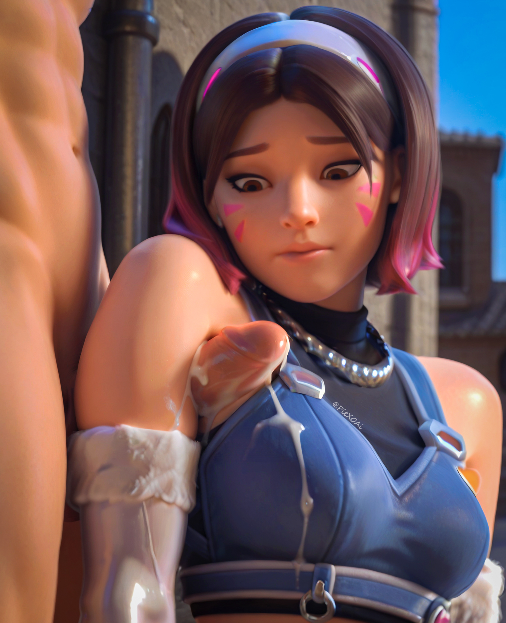 1boy, 1girls, 3d, ai generated, antifragile dazzle, armpit fetish, armpit sex, armpits, brown eyes, brown hair, clothed female nude male, crop top, cum, cum on armpit, cum on penis, cumdrip, d.va, elbow gloves, facial mark, fur trim, gradient hair, hairband, hana song, headband, hi res, le sserafim, looking at penis, looking down, necklace, overwatch, penis, pitxoai, tank top, two-tone hair, watermark