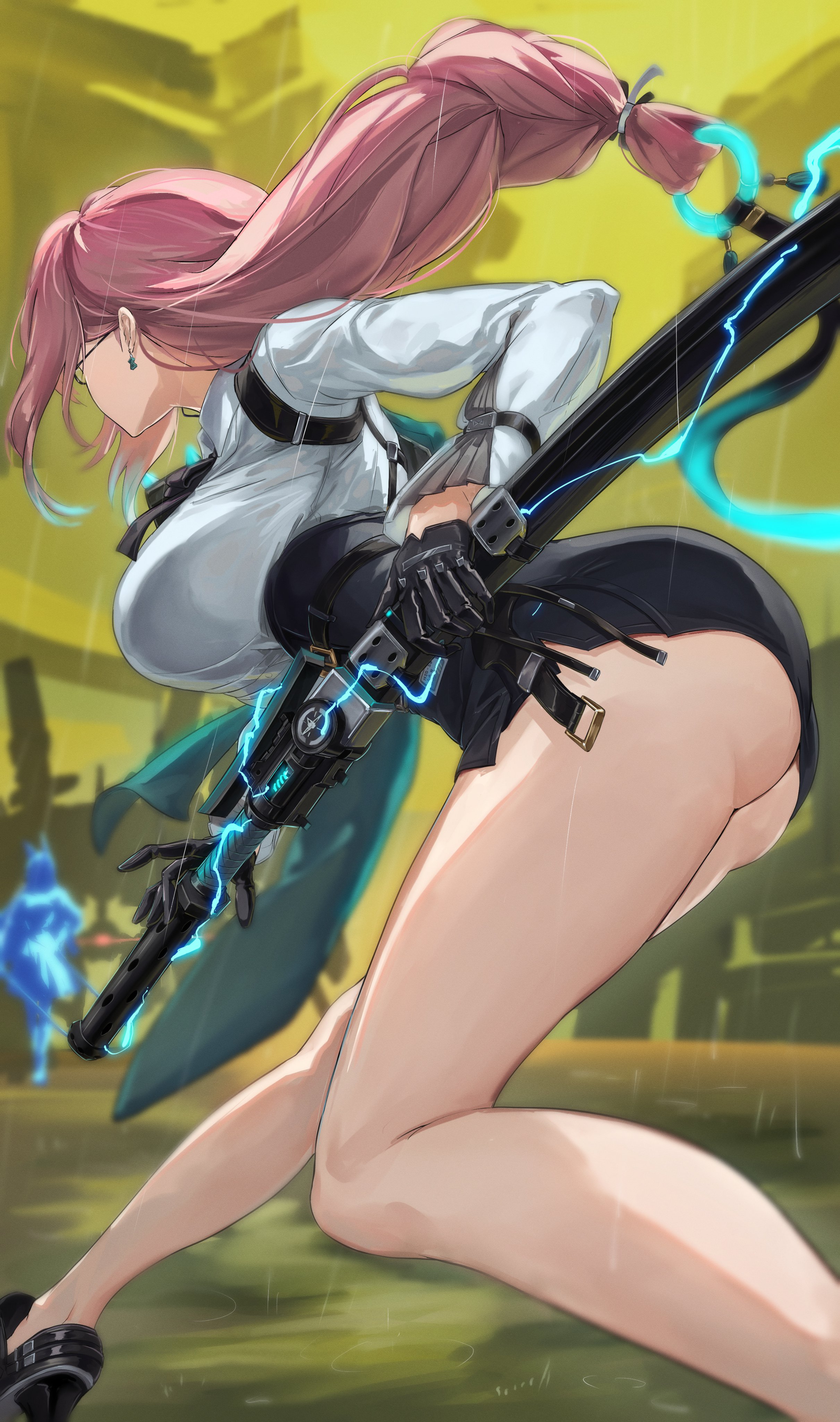 1girls, absurdres, ass, bare legs, big ass, big breasts, black footwear, black gloves, black neckerchief, black skirt, blurry, blurry background, breasts, collared shirt, commentary request, drawing sword, earrings, electricity, female, foot out of frame, from below, glasses, gloves, green sky, half gloves, high heels, high-waist skirt, highres, holding, holding sword, holding weapon, jewelry, large breasts, legs, long hair, low-tied long hair, miniskirt, neckerchief, pencil skirt, pink hair, rain, sakazuki sudama, shirt, skirt, sky, solo, strap, sword, thighs, tsukishiro yanagi, weapon, white shirt, wide sleeves, zenless zone zero