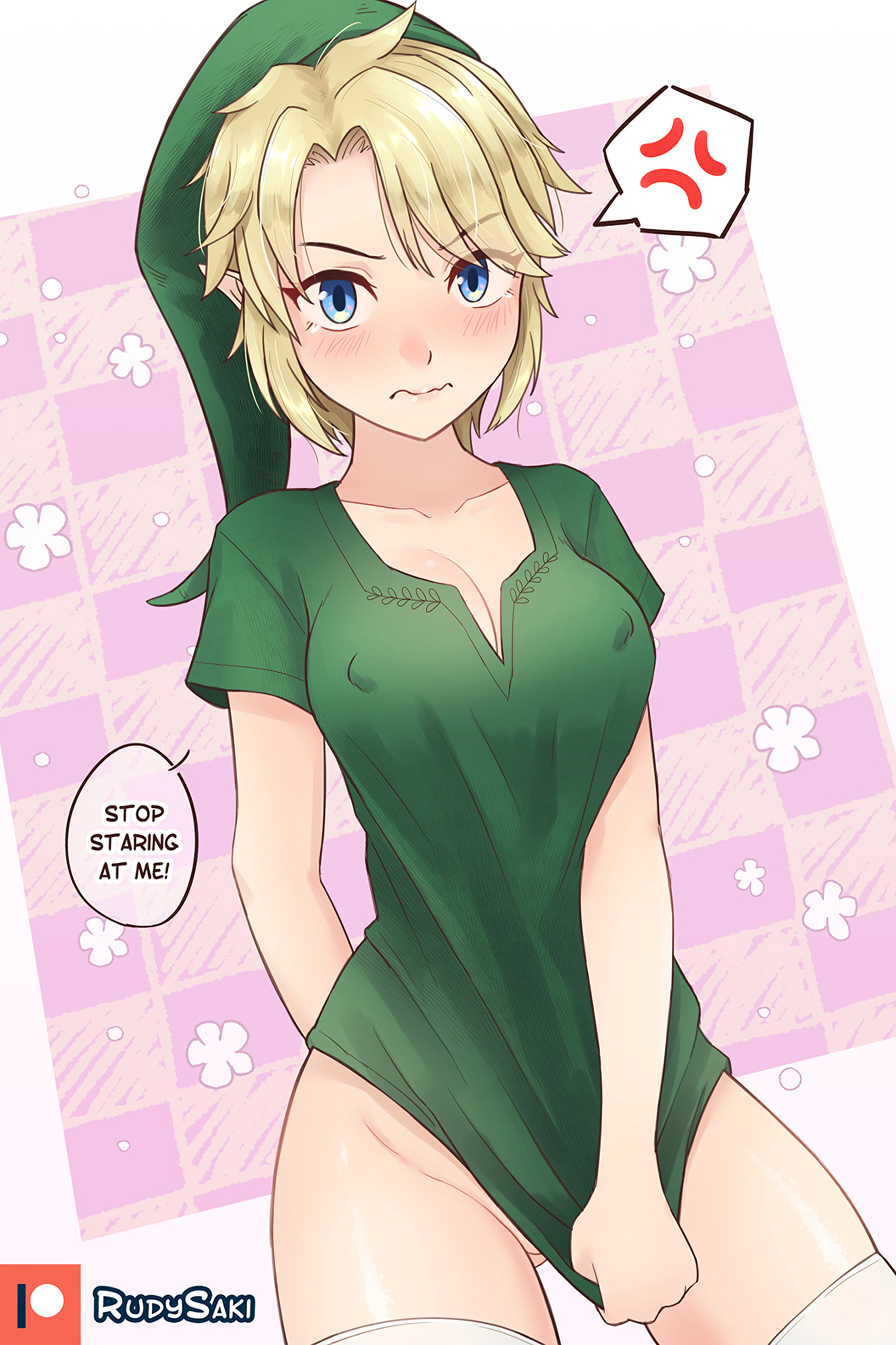 1girls, blonde hair, blue eyes, blush, breasts, embarrassed, english text, female, genderswap, genderswap (mtf), link, linkle, rudy saki, rule 63, standing, text, the legend of zelda, thigh gap