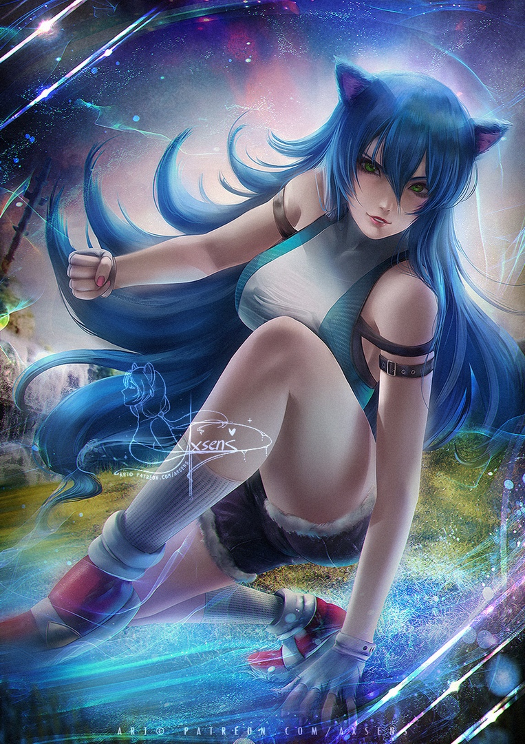 1girls, animal ears, axsens, bare arms, bare shoulders, big breasts, blue hair, breasts, female, female only, green eyes, humanization, humanized, looking at viewer, rule 63, shorts, smiling, smiling at viewer, solo, solo female, sonic (series), sonic the hedgehog, sonic the hedgehog (series)