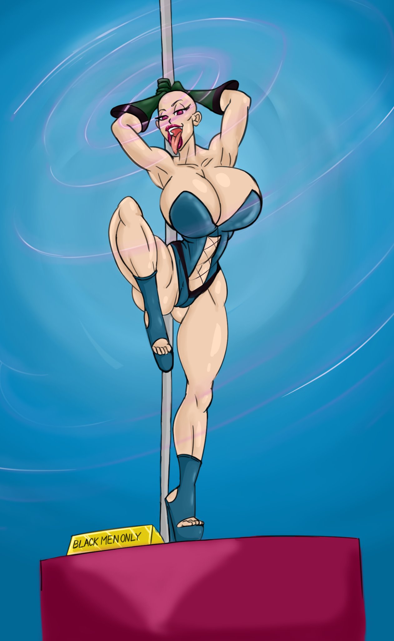 bald bald_female big_breasts bimbo dancing high_heels interracial leather leotard marvel moondragon psychic purple_eyes sentinels_of_the_multiverse stripper stripper_pole sun1sol superheroine tongue_out unitard vanessa_long visionary