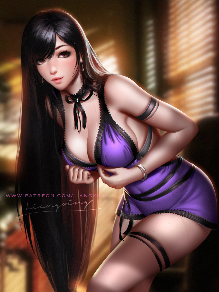 1girls, big breasts, breasts, cleavage, female, female only, final fantasy, final fantasy vii, large breasts, liang xing, lingerie, purple lingerie, solo, tifa lockhart