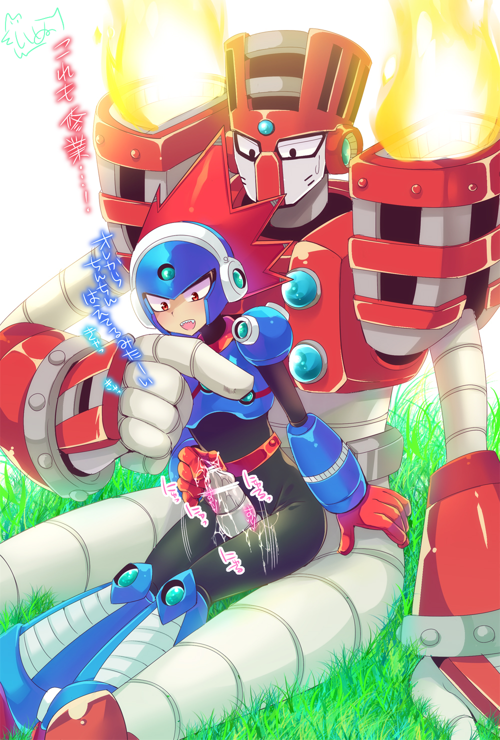 aoinudayo blast_man capcom cum gay mega_man mega_man(classic) mega_man_11 penis size_difference text thighs torch_man translation_request yaoi