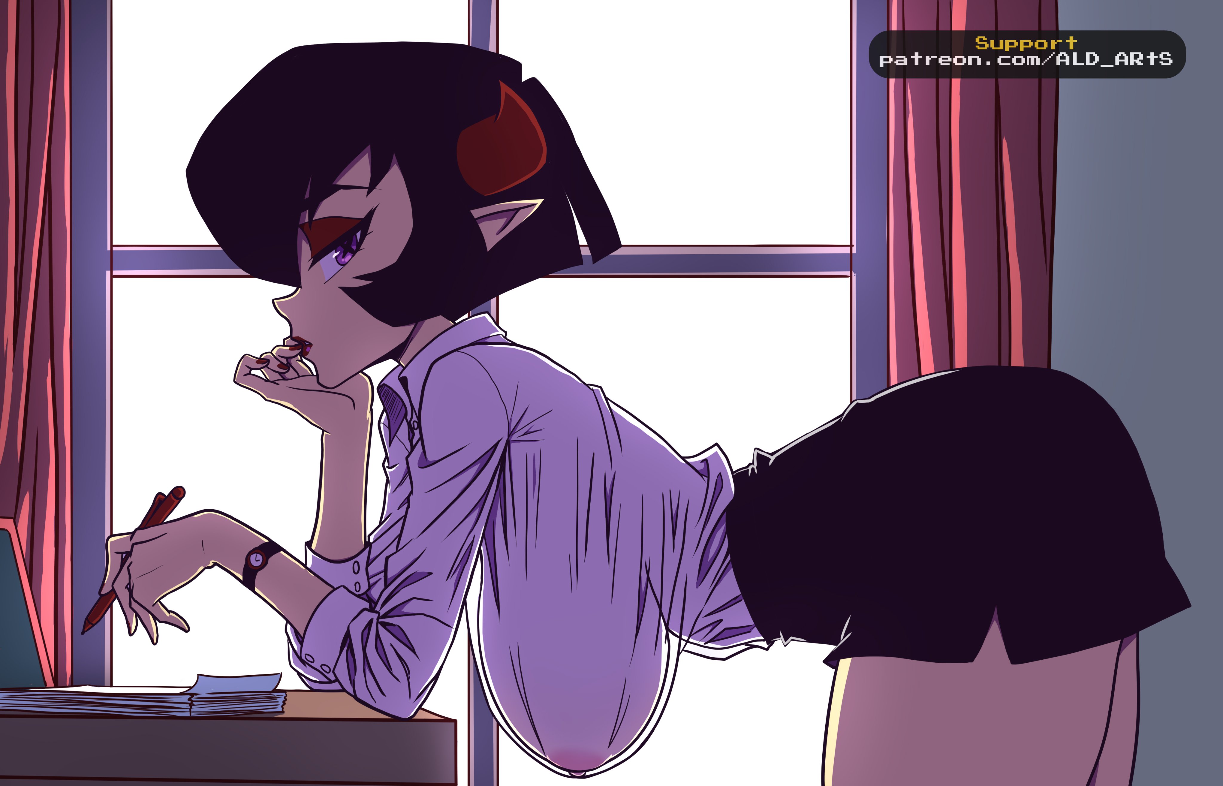 1girls, ald arts, artist name, ass, black hair, breasts, curtains, day, demon, desk, female, hanging breasts, horns, huge breasts, lips, looking at viewer, lucy (ald arts), makeup, nails, nipples visible through clothing, office lady, original, pen, pencil skirt, pointy ears, purple eyes, serious, short hair, succubus, t-shirt, watch, window, x-shaped pupils