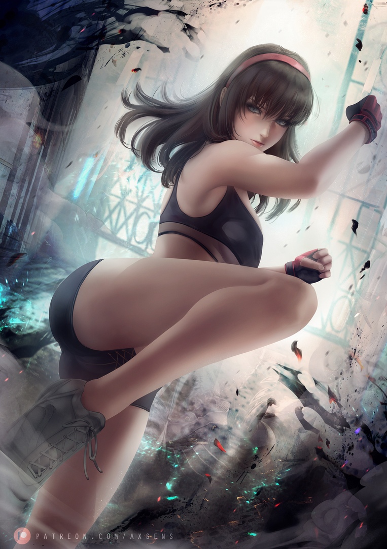 1girls, axsens, bare shoulders, brown hair, dead or alive, female, female only, hitomi (doa), looking at viewer, medium hair, pose, shorts, silver eyes, solo, solo female
