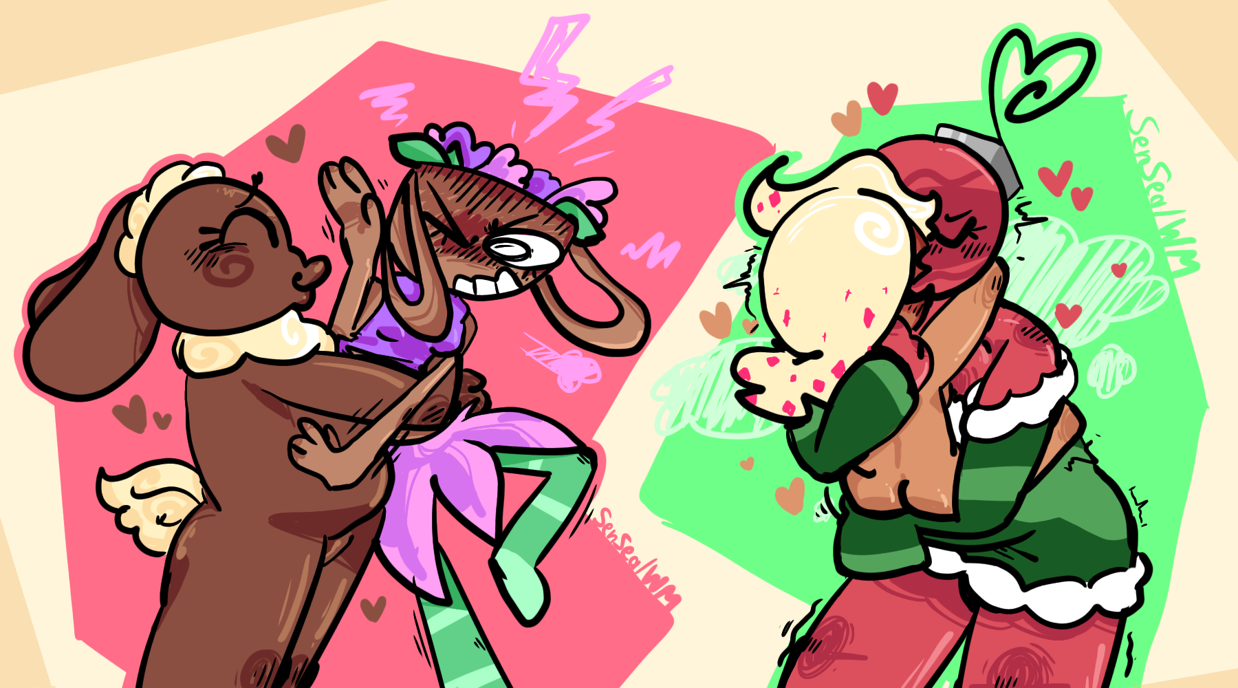 angry, bassie (dandy's world), bobette (dandy's world), chubby, chubby female, cocoa (dandy's world), dandy's world, female, female only, ginger (dandy's world), kissing, lesbian kiss, making out, passionate, pushing away, sensealwm, simple background, simple shading, steaming body