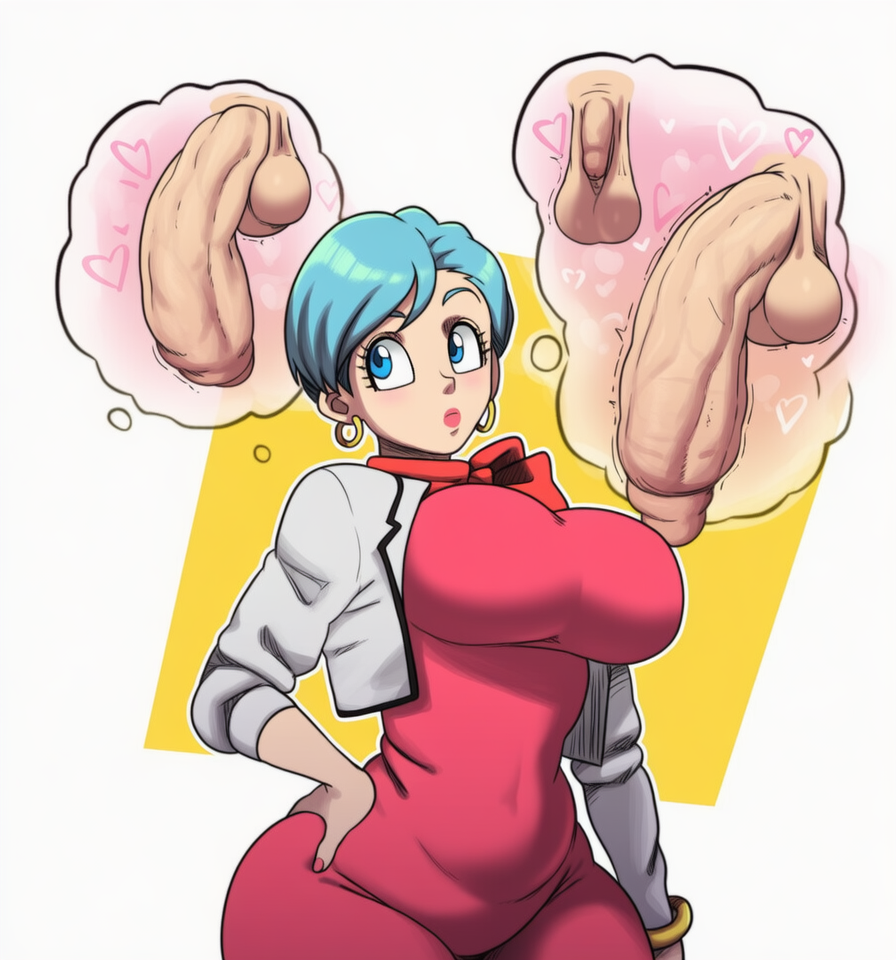 1girls ai_generated big_breasts blue_hair breasts bulma_briefs dragon_ball dragon_ball_super dragon_ball_z female large_breasts mature_female milf mullon nipples novelai nude penis solo solo_female solo_focus thinking thought_bubble