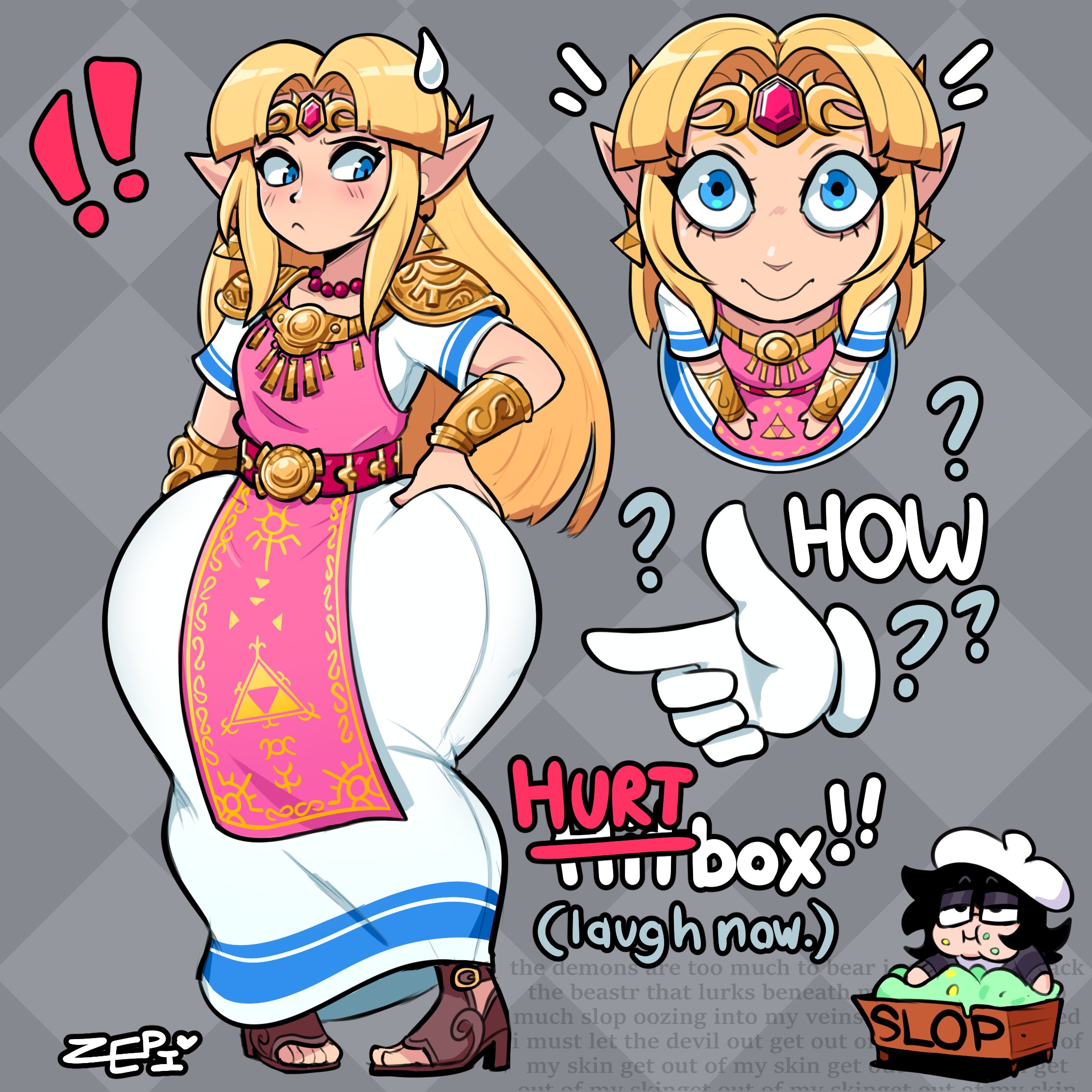 !, !!, 1girls, a link between worlds, big ass, black hair, blonde hair, blue eyes, chibi, chibi inset, circlet, english text, female, female only, gem, glasses, high heel sandals, high heels, highres, huge ass, huge thighs, long hair, looking at viewer, nintendo, open toe footwear, open toe heels, open toe shoes, pointy ears, princess zelda, red gem, sandals, standing, sweatdrop, the legend of zelda, thick thighs, wide hips, zelda (a link between worlds), zepiereite
