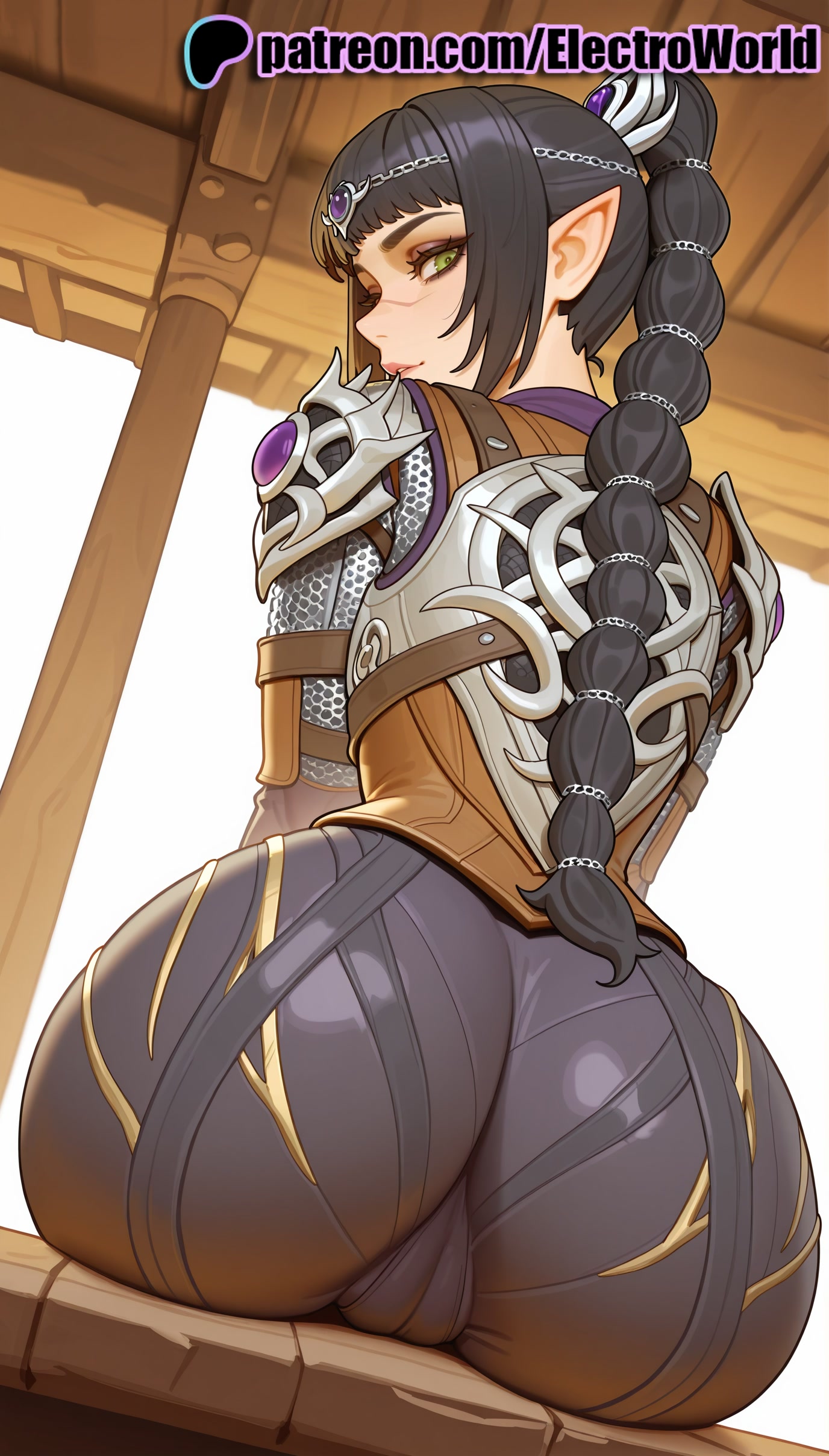 1girls, 2025, ai generated, artist name, ass, baldur's gate 3, black hair, breasts, bust, chest, electroworld, female, green eyes, hi res, high quality, high resolution, highres, long hair, looking back, patreon, patreon username, pointy ears, shadowheart, sitting, smile, solo, stable diffusion, watermark