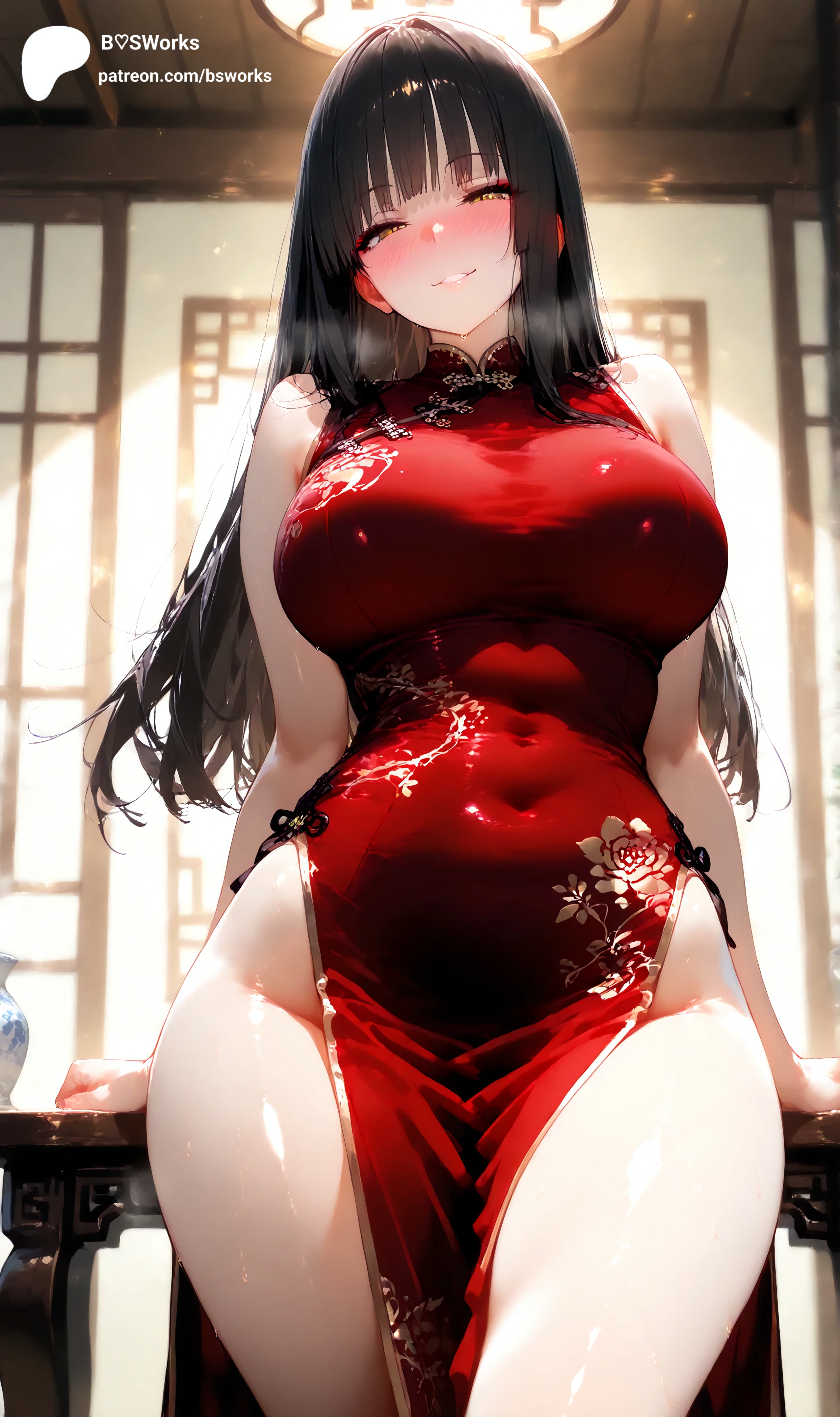 1girls, ai generated, big breasts, black hair, blush, breasts, bsworks, chinese, curvy, dress, eyeliner, female, long hair, makeup, original, original character, pale skin, qipao, slanted eyes, straight hair, xiang (bsworks), yellow eyes