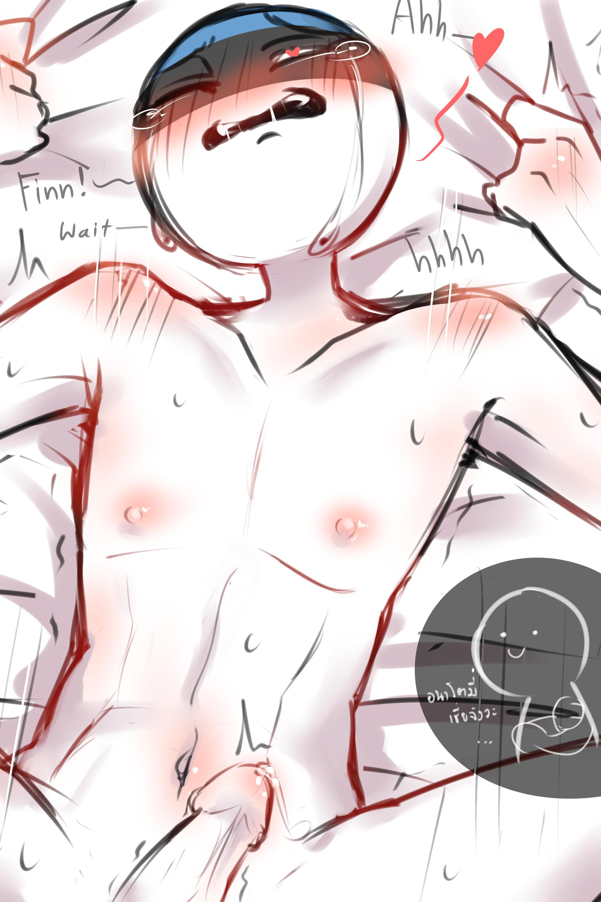 blush, blushing, countryhumans, crying, crying with eyes open, english text, erect penis, erection, estonia (countryhumans), finland (countryhumans), gay, grabbing sheets, heart, male, male/male, on bed, penis, precum, precum drip, red eyes, red nipples, siamese, thai text