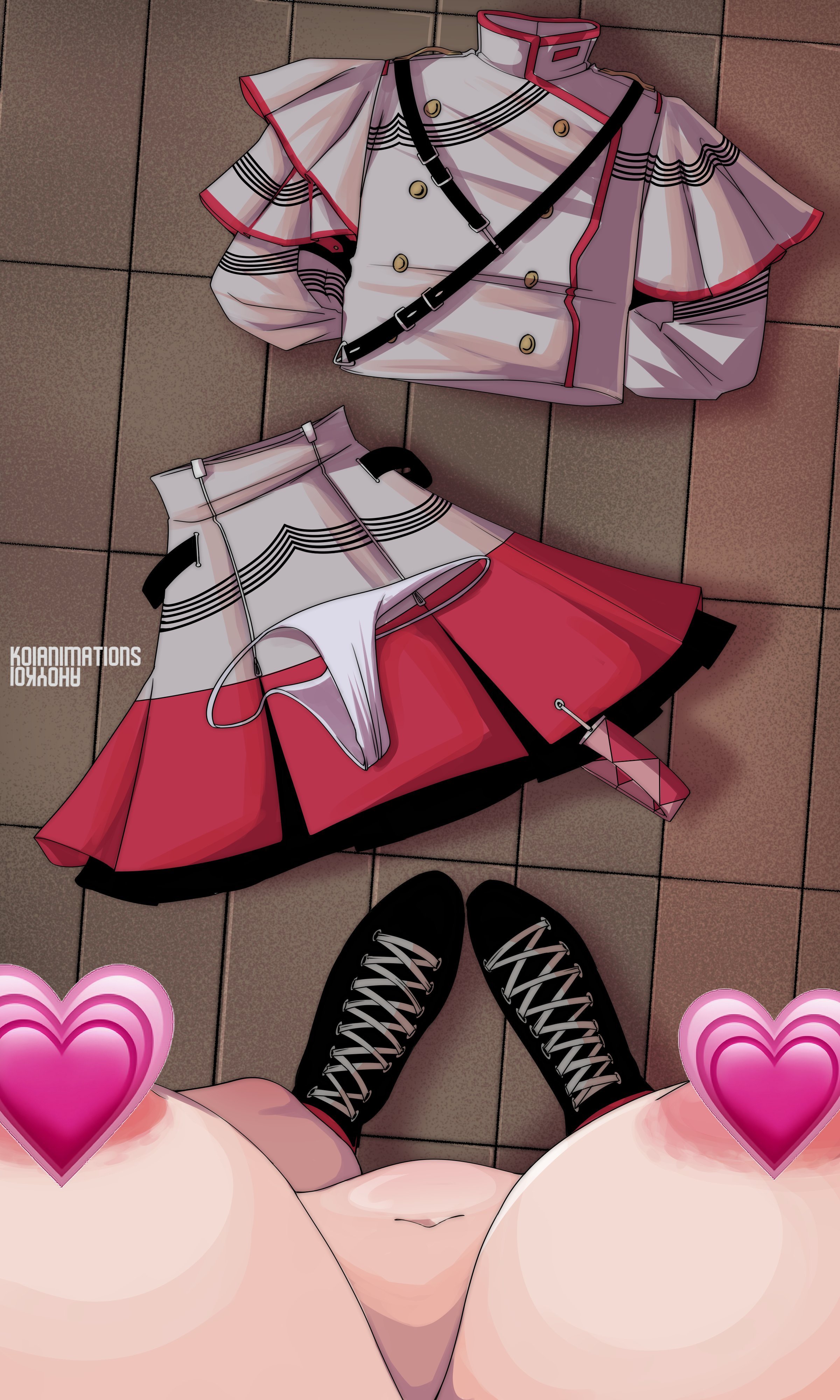1girls, 2d, 2d (artwork), ahoykoi, areolae, belly, big breasts, breasts, censored, censored nipples, clothes on floor, clothes removed, emoji, emoji censor, female, female only, female pov, kasane teto, kasane teto (sv), koianimations, large breasts, navel, nude, nude female, pov, skirt, solo, solo female, synthesizer v, thong, topwear, undressed, utau