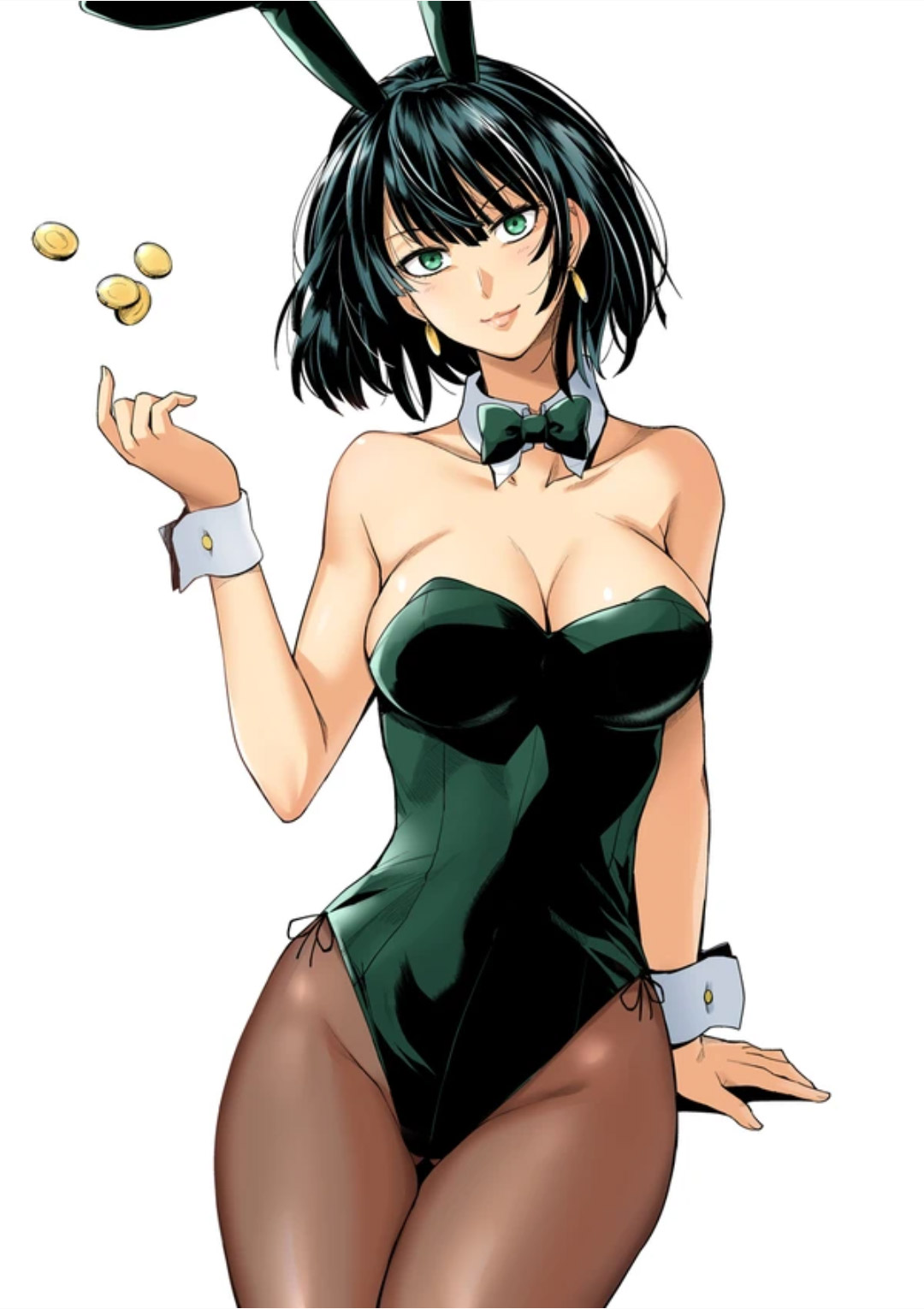 1girls, big breasts, black hair, bob cut, bow tie, breasts, bunny ears, bunny girl, bunnysuit, cleavage, coins, earrings, fake animal ears, female, female only, fubuki (one-punch man), green eyes, haruhisky, leotard, mature female, one-punch man, pantyhose, short hair, smile, solo, solo female, thick thighs