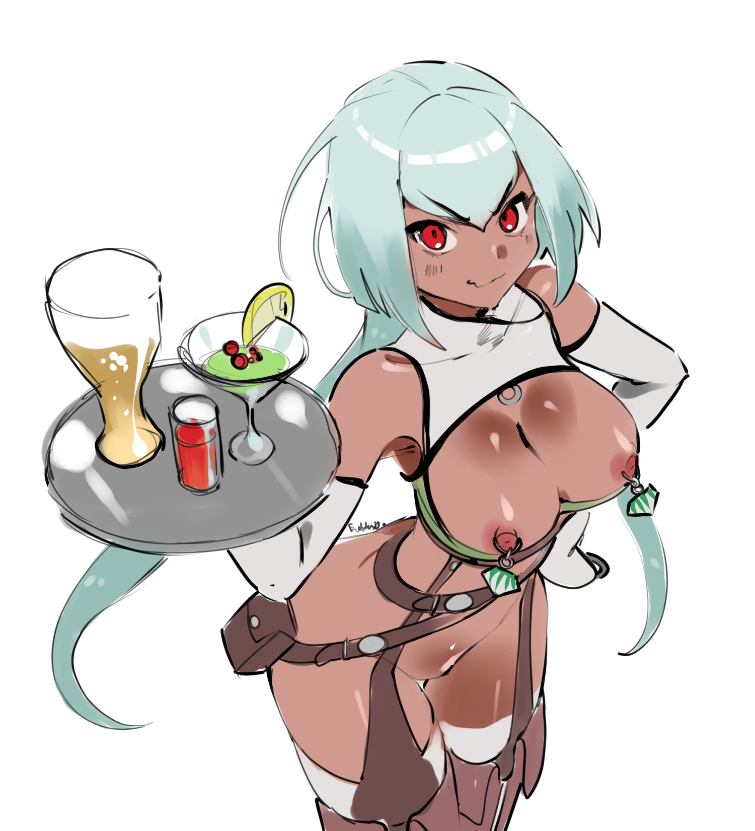 1girls, alternate costume, bdsm, bdsm gear, bdsm outfit, big breasts, bondage, bondage gear, bondage gloves, bondage mittens, bondage outfit, bound, bound hands, breasts, breasts out, dark skin, dark-skinned female, defeated villainess, emerald sustrai, eudetenis, exposed breasts, exposed pussy, exposed vagina, female, female only, femsub, green hair, nipple piercing, pierced nipples, piercing, piercings, pussy, red eyes, rwby, serving tray, slave, solo, teasing, villainess, waitress
