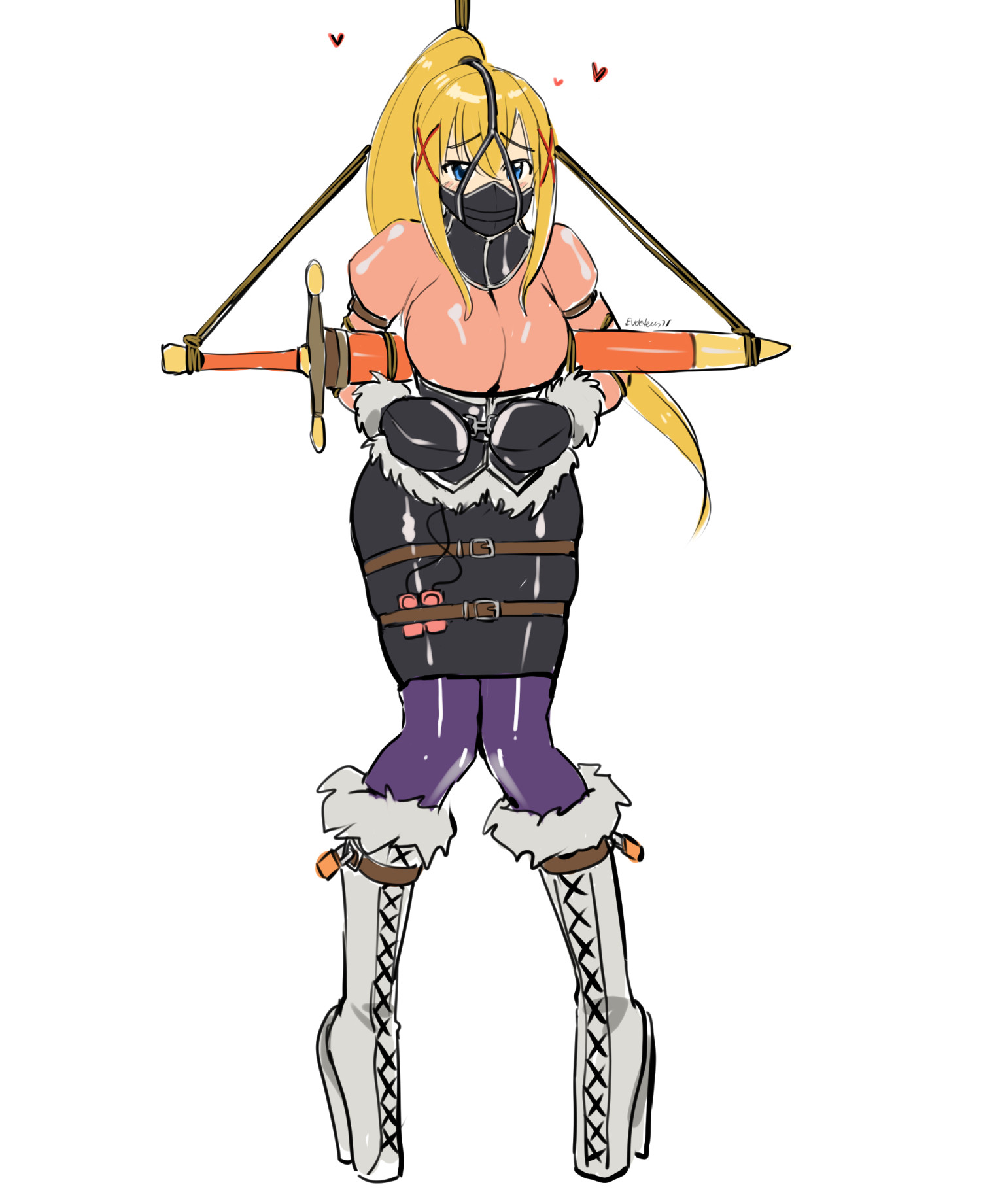 1girls, ballet boots, ballet heels, big breasts, bondage, bondage gloves, bondage mittens, boots, bound, bound hands, breasts, collar, collared, darkness (konosuba), eudetenis, female, female only, femsib, femsub, gag, gagged, happy sub, harness muzzle gag, heart symbol, high heels, hobble dress, hobble skirt, hobbled, kono subarashii sekai ni shukufuku wo!, latex, latex clothing, latex leggings, latex skirt, mittens, mouth corset, muzzle (object), muzzle gag, neck corset, pencil skirt, ponytail, posture collar, rope, shiny clothes, skirt, very high heels, vibrator, vibrator under clothes, winter clothes
