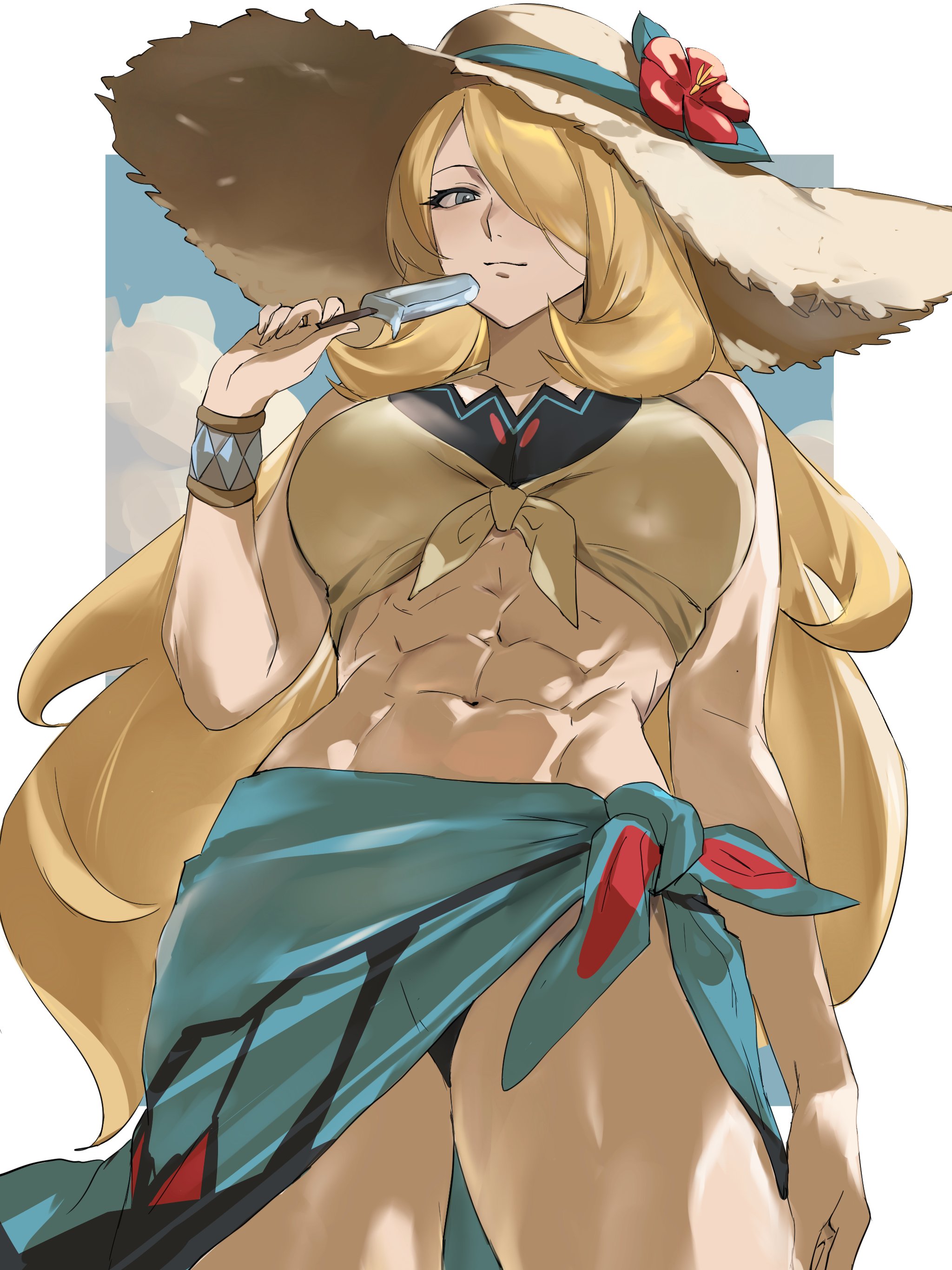 1girls, abs, athletic, athletic female, big breasts, blonde female, blonde hair, blonde-haired female, breasts, cynthia (pokemon), cynthia (summer 2025) (pokemon masters), enargeia, enargeia5525, female, female focus, female only, hair over one eye, light skin, light-skinned female, long hair, long-haired female, looking at viewer, looking down, looking down at viewer, muscular, muscular female, nintendo, pokemon, pokemon champion, pokemon masters, popsicle, toned, toned female, vacation
