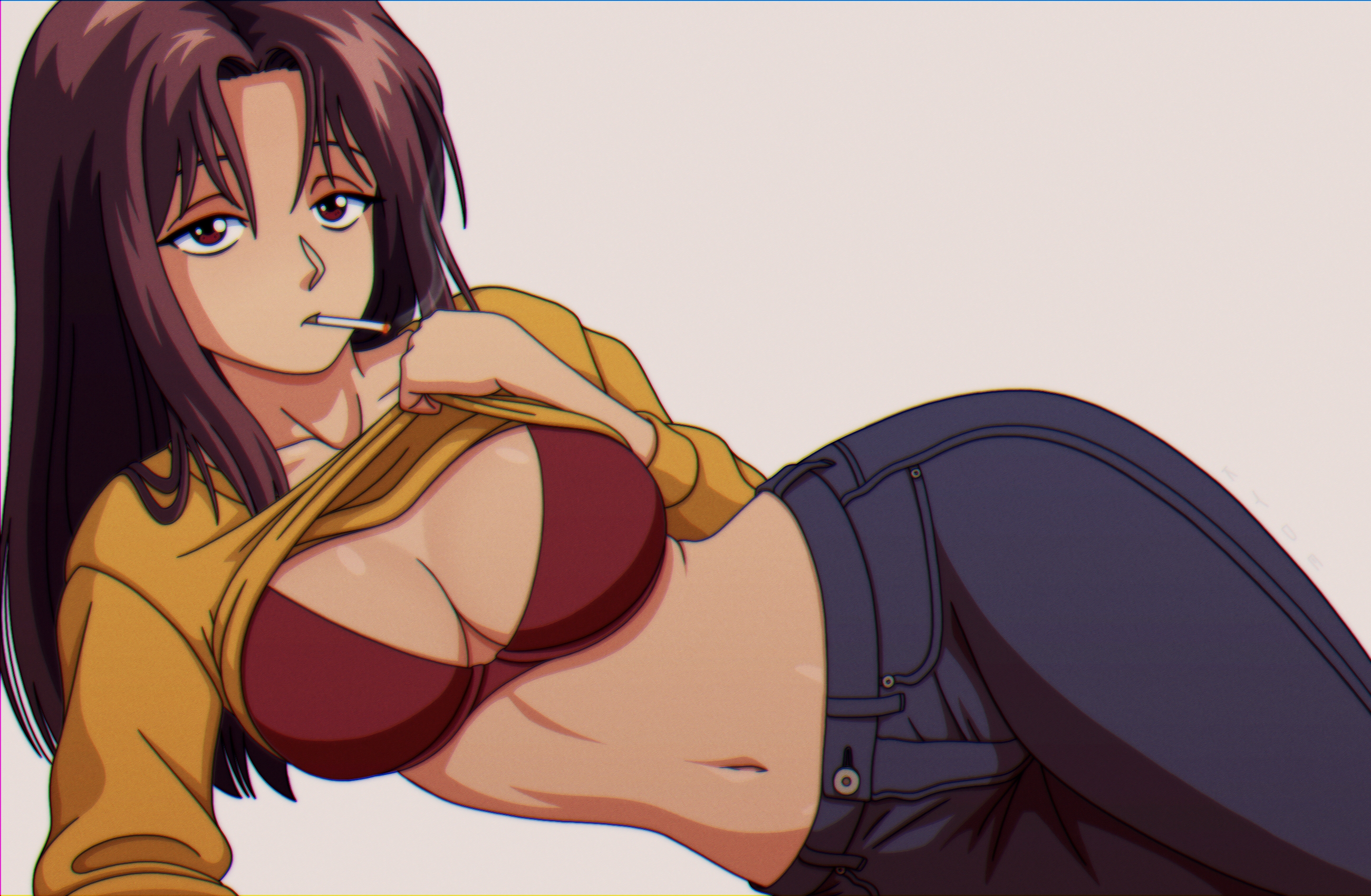 1girls, alternate version available, atsuko urameshi, belly, big breasts, blue pants, bottomwear, bra, breasts, brown eyes, brown hair, cigarette, cleavage, clothing, female, female only, hair, hips, jeans, kyde, long hair, mature, mature female, mature woman, milf, mother, on side, pants, red bra, shirt, shirt lift, smoke, solo, solo female, topwear, yellow shirt, yu yu hakusho
