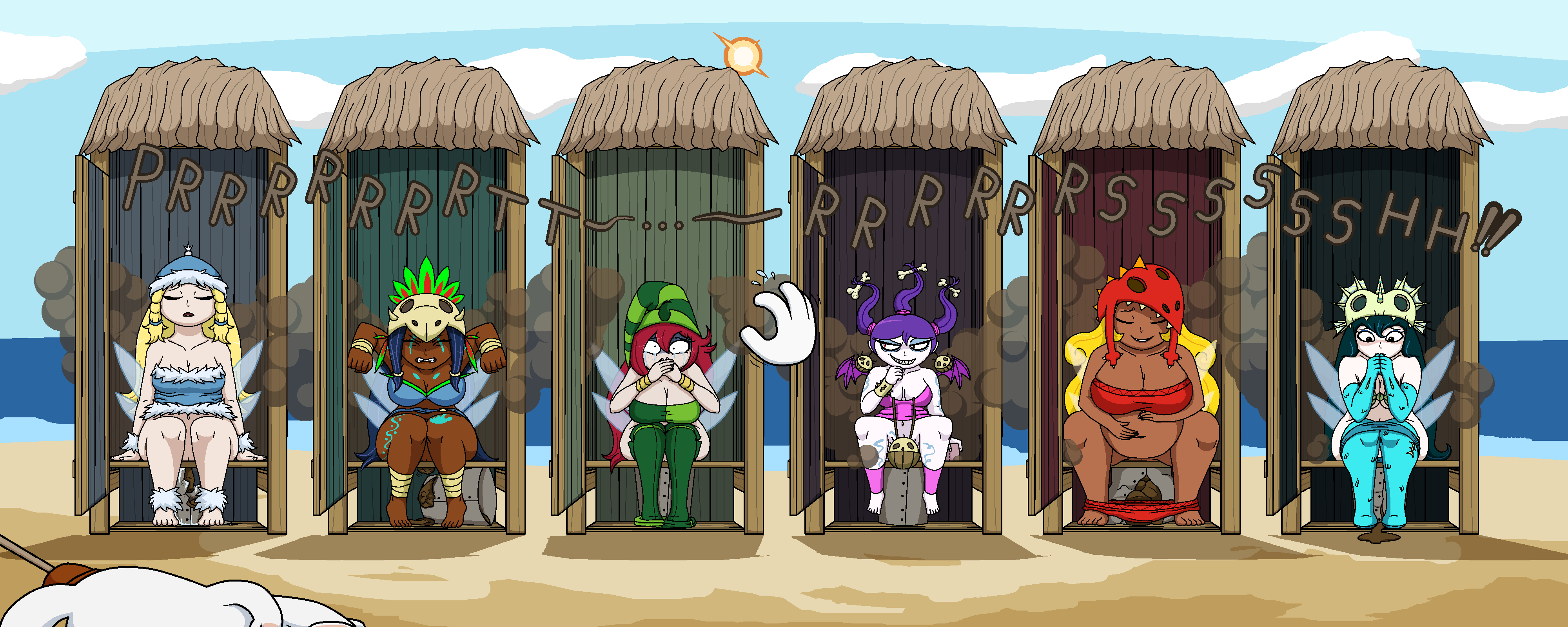 2022, 2d, 2d (artwork), 2d artwork, 6girls, annetta fish (rayman), bbw, beach, belly, belly button, betilla (rayman), big belly, black hair, blonde hair, bottomless, brap, breasts, chubby, chubby female, constipation, crying, dark skin, dark-skinned female, diarrhea, disgusted, edith up (rayman), evil grin, eyes closed, fairy, fart, fart cloud, fart fetish, fart torture, fat, fat female, feet, female, female pooping, helena handbasket (rayman), holly luya (rayman), large breasts, nymph (rayman), outhouse, overweight, overweight female, passing gas, pooping, purple hair, pushing, pushing hard, rayman (series), rayman origins, red hair, relaxing, relief, scat, sitting, sitting on toilet, smelly, smelly ass, smug, stinky, stinky ass, straining, tan body, tan skin, tears, thick thighs, thighs, toilet, toilet use, ubisoft, video games, voodoo mama (rayman), wide hips