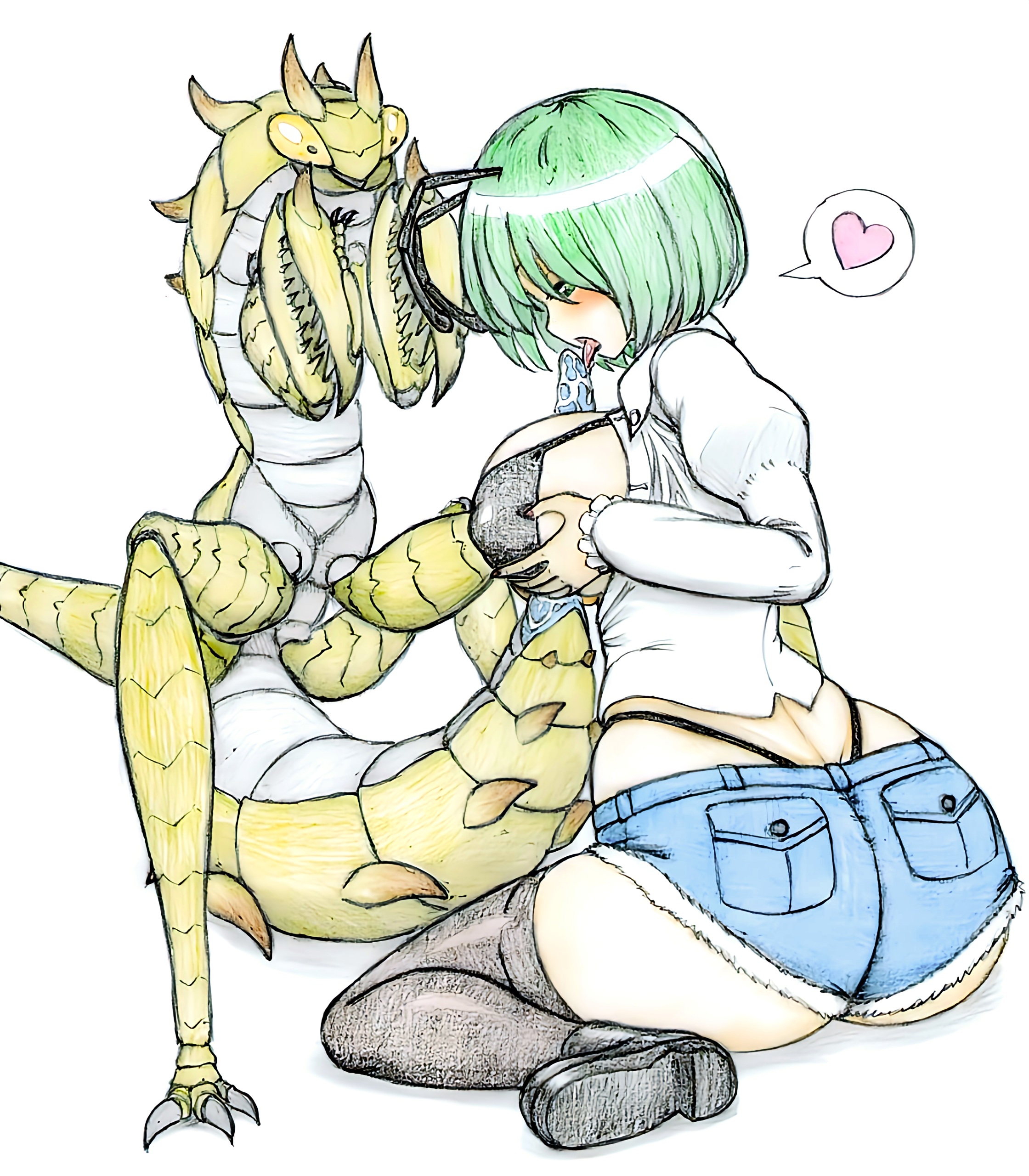 1boy, 1girls, 2d, antennae (anatomy), ass, breasts, bug, consensual, female, female focus, green eyes, green hair, heart, insectophilia, insects, interspecies, licking, licking penis, male, nipple bulge, open mouth, open shirt, p-man-daikaku, paizuri, penis, praying mantis, shoes, short hair, shorts, sitting, speech bubble, straight, thick ass, thick thighs, thighhighs, thighs, titjob, tongue, tongue out, touhou, traditional media (artwork), underwear, visible underwear, white shirt, wriggle nightbug