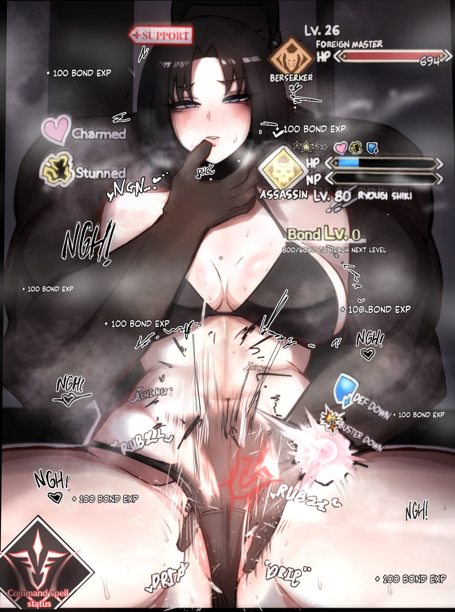 1boy, 1girls, 2025, 2d, bad end, big breasts, bikini, breasts, broken rape victim, captured heroine, corrupted, corruption, cuckolding, dark skin, dark-skinned male, fate (series), fate/grand order, female, femsub, fingering, gameplay, gameplay mechanics, generic dark-skinned-muscular male, health bar, hp bar, human, kara no kyoukai, kinkylingky, male, male/female, maledom, mind break, muscular, muscular male, netorare, ntr, rape, raped, ryougi shiki, sex, status effect, text