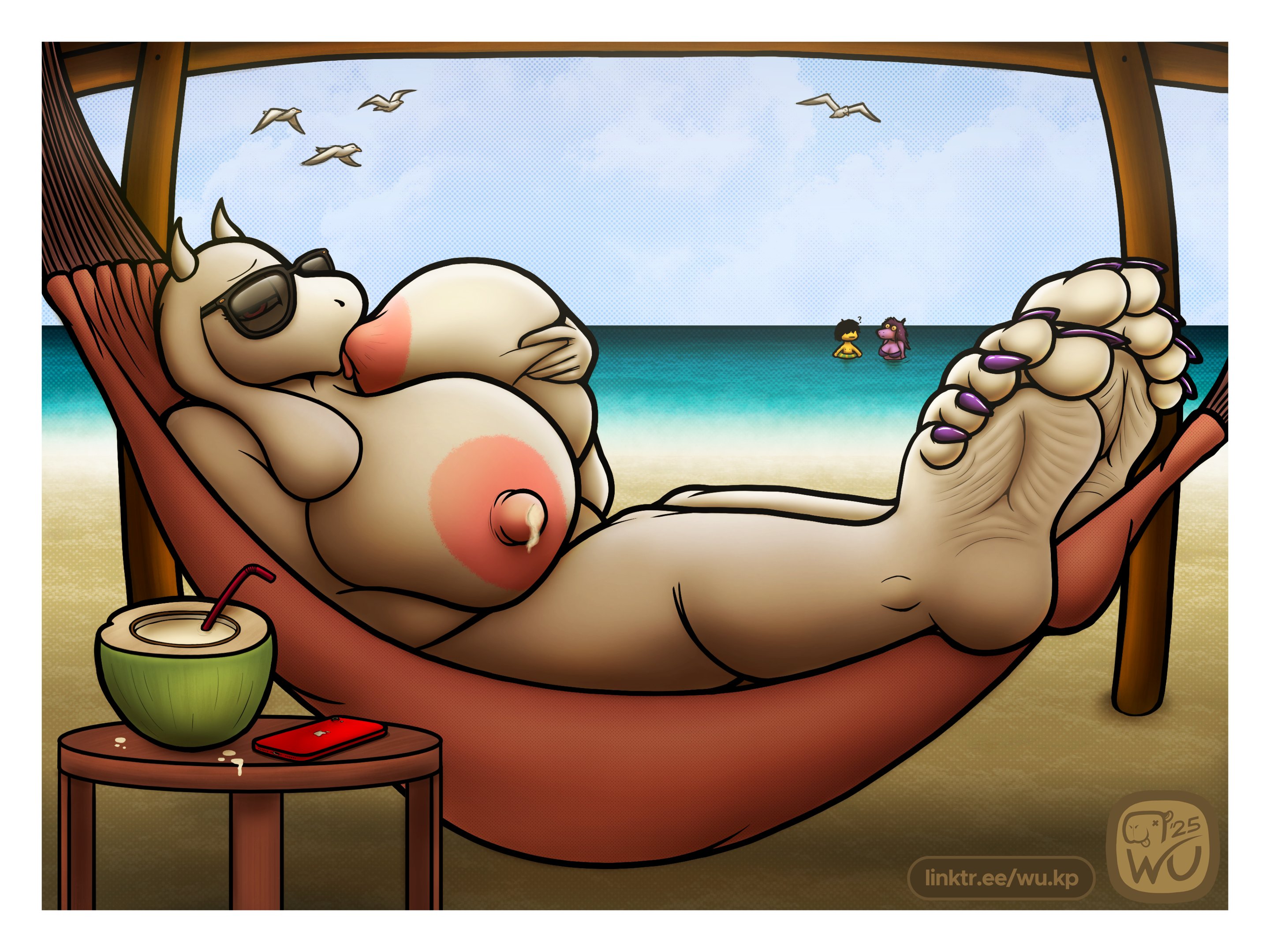 1boy, 2girls, 5 fingers, 5 toes, anthro, areola, beach, beverage, big areola, big breasts, big nipples, biped, bovid, breast grab, breast play, breast suck, breast sucking, breasts, caprine, clothing, coconut, coconut drink, colored nails, deltarune, digital media (artwork), drupe (fruit), eyewear, eyewear only, feet, female, female anthro, fingers, food, fruit, fur, furry, goat, group, half-closed eyes, hammock, hand on breast, hi res, horn, horns, huge breasts, human, humanoid feet, kris (deltarune), lying, male, mammal, mature anthro, nails, narrowed eyes, nipple fetish, nipple play, nipple suck, nipples, nude, outside, plant, plantigrade, purple body, reptile, sand, scalie, seaside, self breast sucking, self suckle, soles, solo focus, sucking, suckling, sunglasses, sunglasses only, susie (deltarune), swimwear, toes, toriel, trio, undertale, undertale (series), water, white body, white fur, wu capy