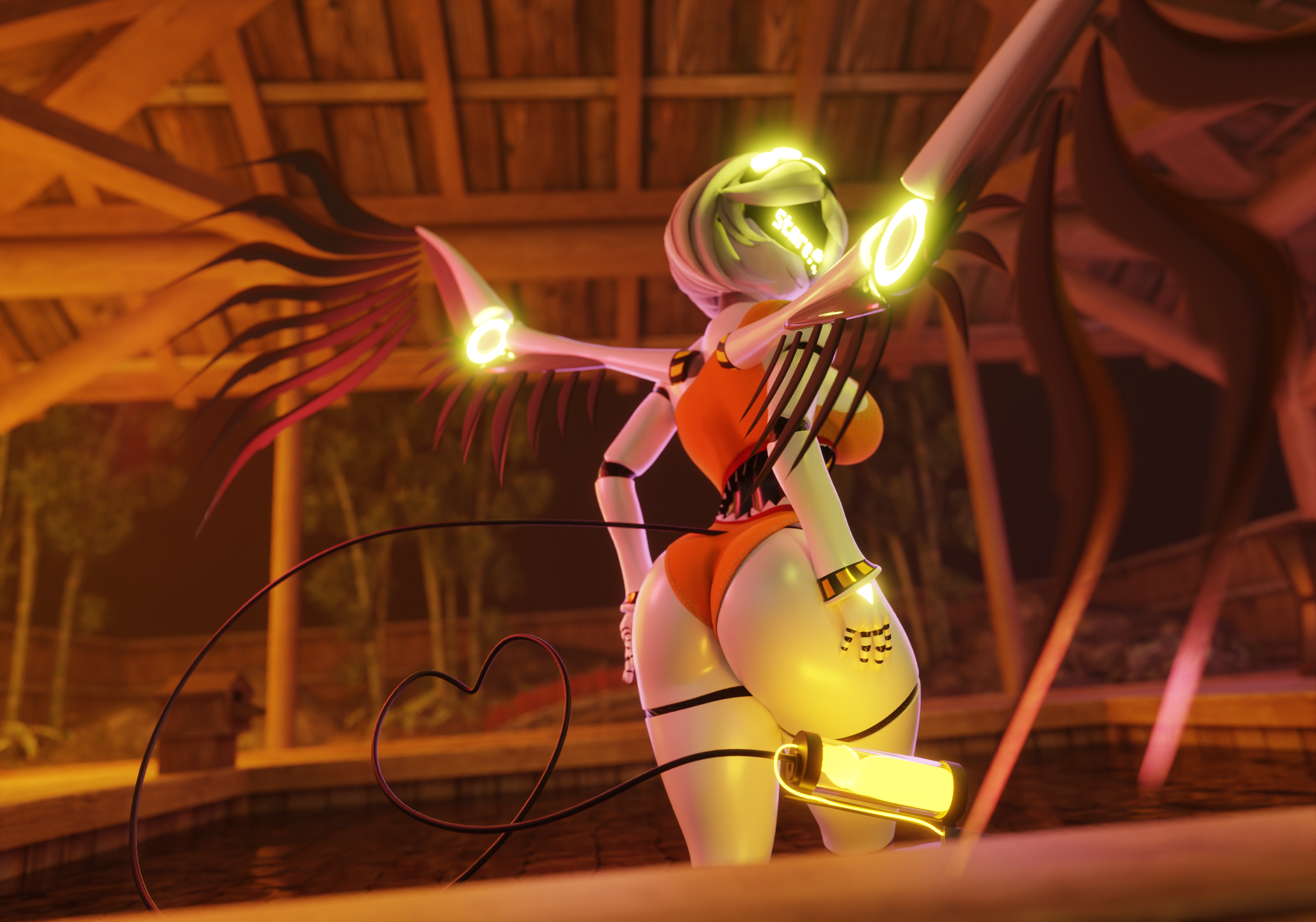 3d, 3d (artwork), 3d background, 3d model, 3d render, android, android girl, ass, ass focus, big ass, big breasts, bikini, black tail, blender, blender (artwork), blender (software), blender cycles, booty, breasts, disassembly drone, female, female focus, female only, girly, glowing, glowing eyes, glowing tail, glowing tail tip, glowing wings, lolitswowzers, looking at camera, looking at viewer, looking back, metal ass, metal wings, metallic body, murder drone, murder drones, outdoors, pose, posing, robot, robot girl, serial designation v, sexy, sexy body, sexy pose, standing, swimming pool, swimsuit, swimsuits, swimwear, tail, v (bysamzan), v (murder drones), wet, wet body, white body, white hair, wings, wings on back, yellow eyes, yellow tail tip