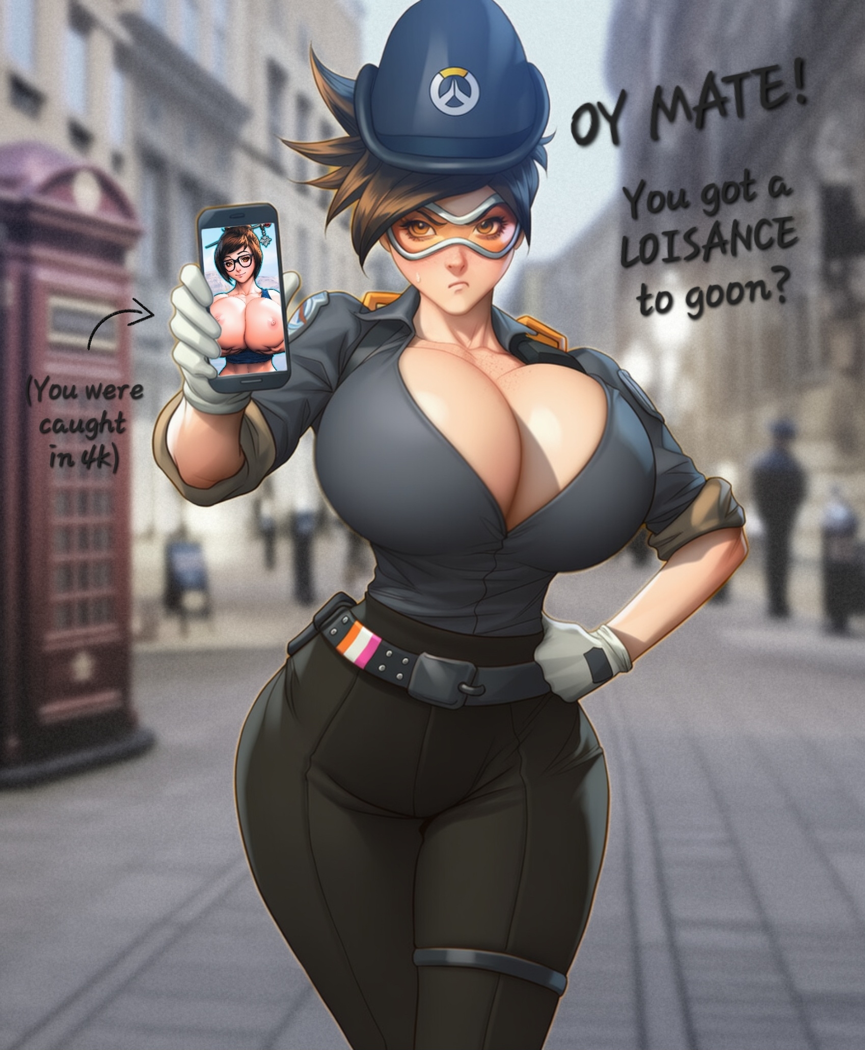 ai generated, angry, breasts, breasts bigger than head, british, british female, caption, cattlec, cleavage, clothed female, edited, english text, female, gloves, goggles, hand on hip, huge breasts, humour, lena oxton, lesbian flag, light skin, light-skinned female, london, looking at viewer, massive breasts, mei (overwatch), narrow waist, nipples, overwatch, overwatch 2, phone, phone screen, police uniform, pov, short hair, tight clothing, tracer, uniform, wide hips, yuri