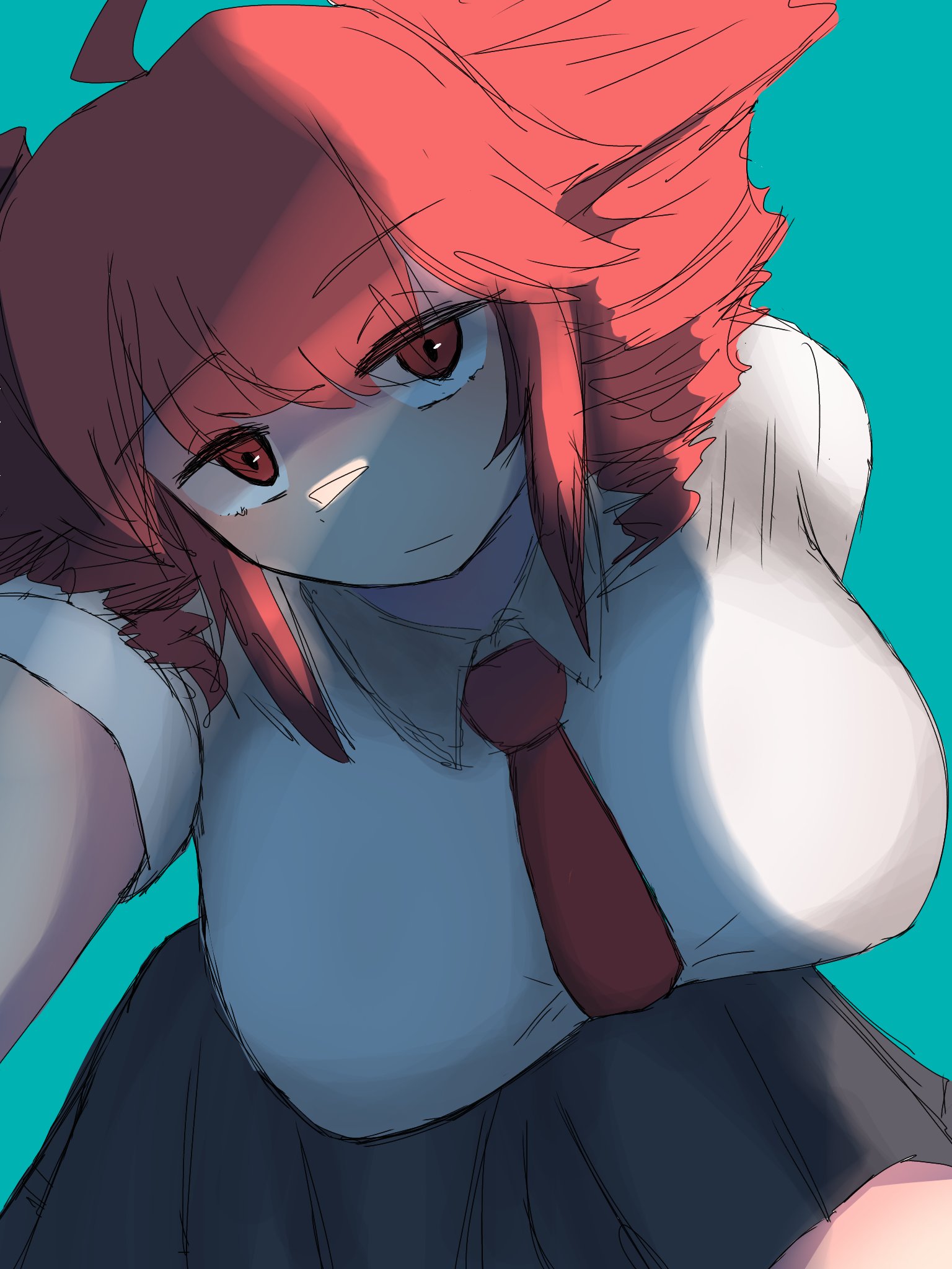 arm behind back, big breasts, black skirt, breasts, female, grabbing, grabbing viewer, kasane teto, large breasts, looking serious, red eyes, red hair, seductive, seductive eyes, seductive pose, shaded, shadow, shirt, skirt, suggestive look, suggestive pose, suggestive posing, thighs, wasanpon ama, white shirt