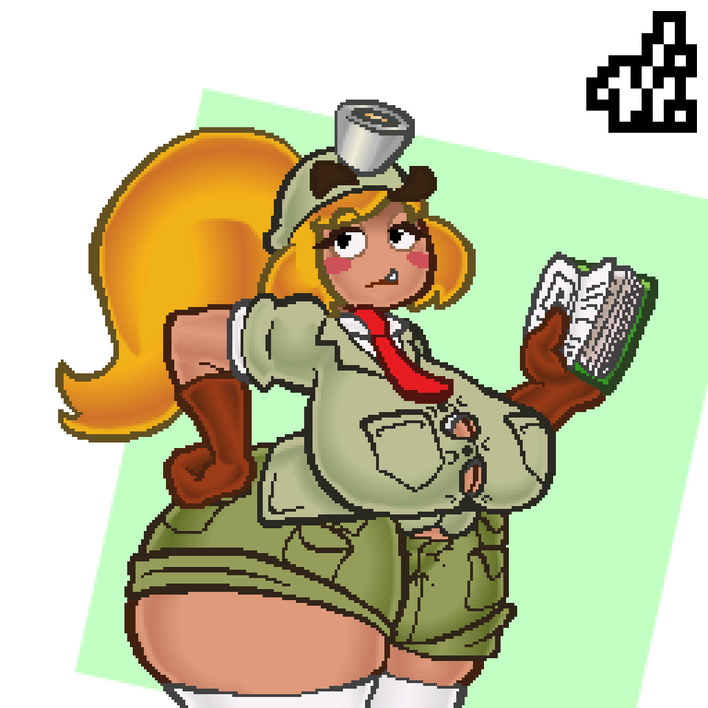 aliasing annoyed anthro anthrofied blonde_hair book bowtie clothed clothing female female_only goomba goombella green_background green_shorts huge_ass large_breasts mario_(series) paper_mario paper_mario:_the_thousand-year_door pixel_art solo solo_focus thick_thighs vi-nsfw voluptuous white_background