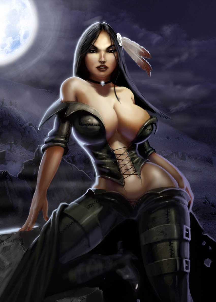 1girls black_hair breasts bust busty cleavage darkwatch feathers female hair_feathers hand_on_hip highres large_breasts leather long_hair lowleg lowleg_pants moon native_american navel pants seductive seductive_smile solo tala_(darkwatch)