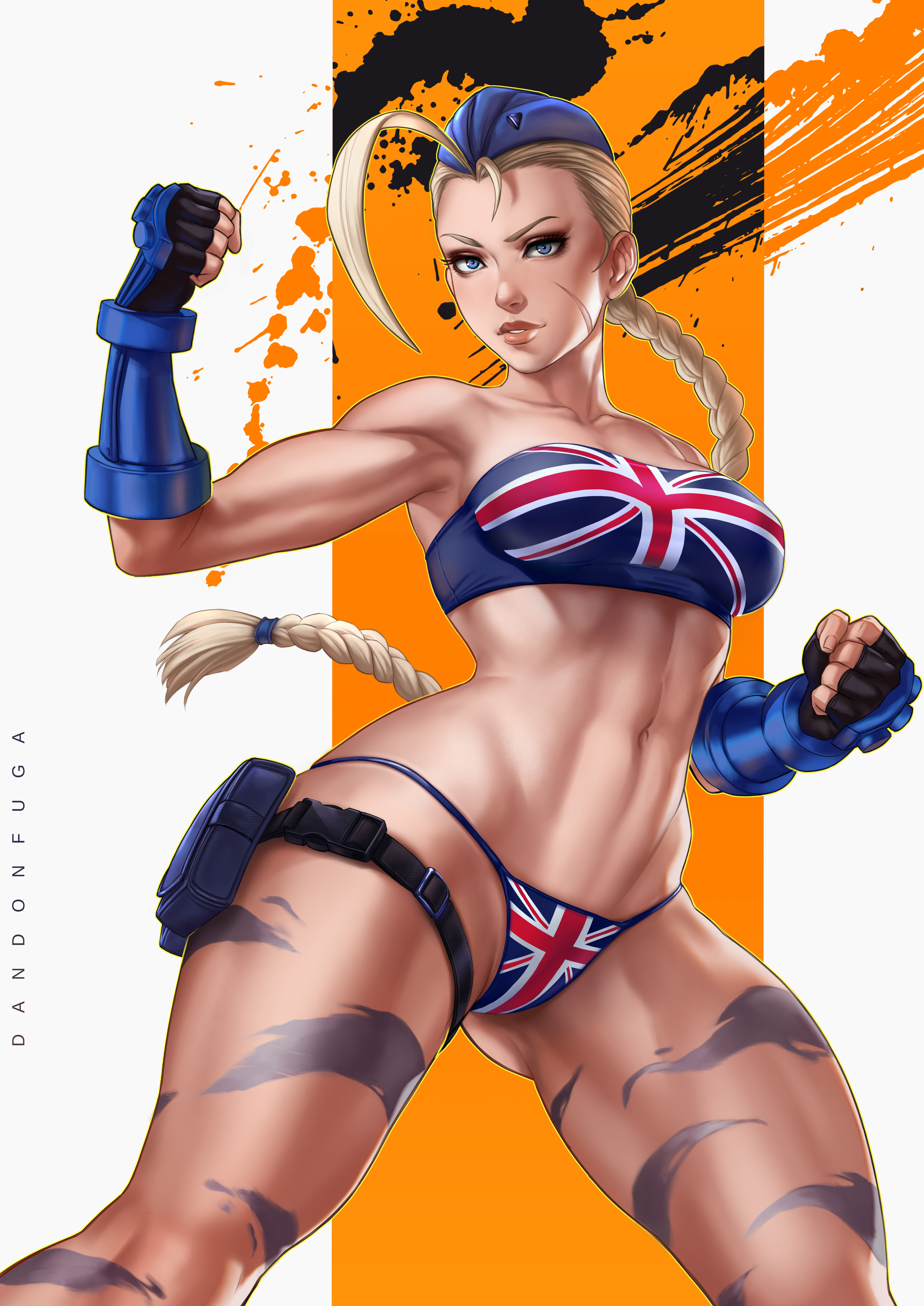 1girls, abs, bare legs, big breasts, bikini, blonde hair, blue eyes, breasts, cammy white, dandon fuga, female, female only, fingerless gloves, gloves, long hair, looking at another, medium breasts, navel, pose, solo, solo female, strapless bikini, street fighter, tight clothing, toned, toned female, twintails, union jack, union jack bikini