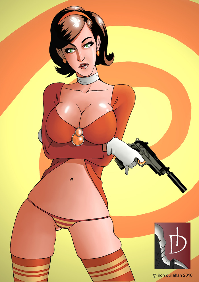 1girls 2010 60's_theme big_breasts breasts broach brown_hair busty cate_archer cleavage clothing ear_piercing earrings eyelashes female female_focus female_only firearm green_eyes gun handgun handwear human iron-dullahan large_breasts legs legwear lips lipstick logo looking_at_viewer navel no_bra no_one_lives_forever no_pants pale_skin panties piercing pistol pose shirt short_hair solo spy stomach suppressor symbol thick_thighs thighhighs underwear voluptuous watermark weapon