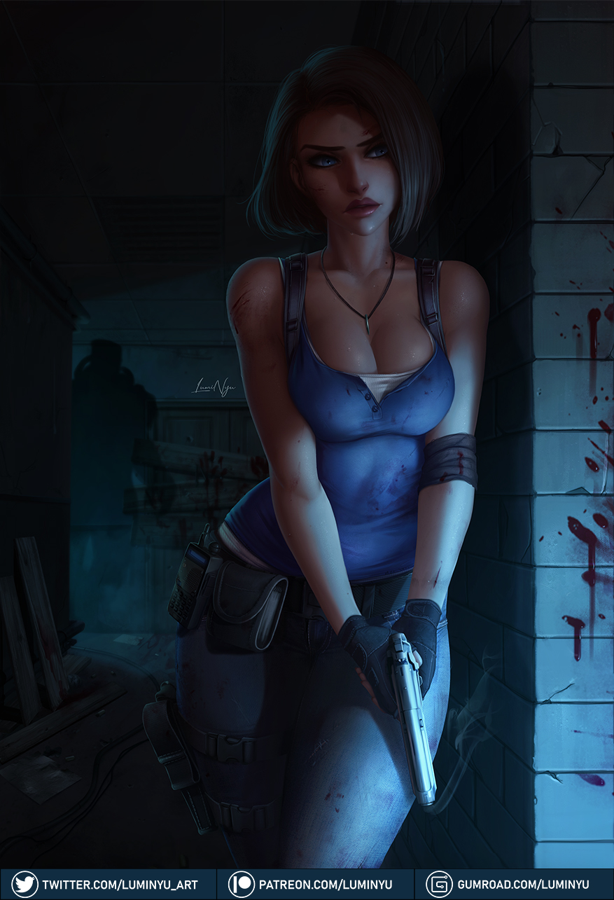 1girls, background, belt, big breasts, blood, blue eyes, breast squeeze, breasts, brown hair, bruise, bruises, cleavage, cleavage cutout, clothed, clothing, dirty, female, female only, firearm, gun, handgun, handwear, human, jill valentine, jill valentine (sasha zotova), light, light skin, luminyu, makeup, nonsexual, pale skin, pistol, realistic, resident evil, resident evil 3, resident evil 3 remake, short hair, solo, squeezing, sweat, thighs, weapon, white skin