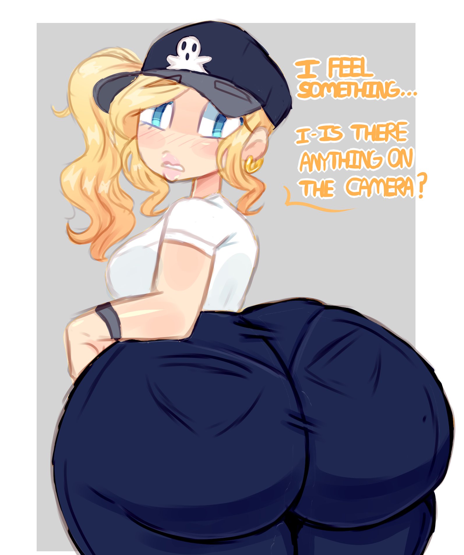 1girls, ass, big ass, blonde hair, blue eyes, blush, blush lines, bubble ass, bubble butt, english text, female, kathie (moonraige), light skin, light-skinned female, looking back, moonraige, oblivious, original, original character, pantylines, ponytail, side ponytail, tagme, text, unaware, underwear outline