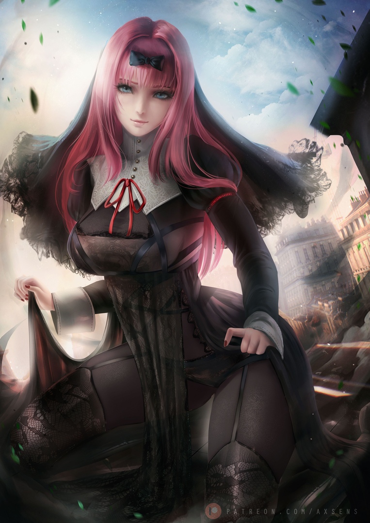 1girls, axsens, big breasts, blue eyes, breasts, female, female only, fujiwara chika, kaguya-sama wa kokurasetai ~tensai-tachi no renai zunousen~, long hair, looking at viewer, pink hair, smiling, smiling at viewer, solo, solo female, stockings
