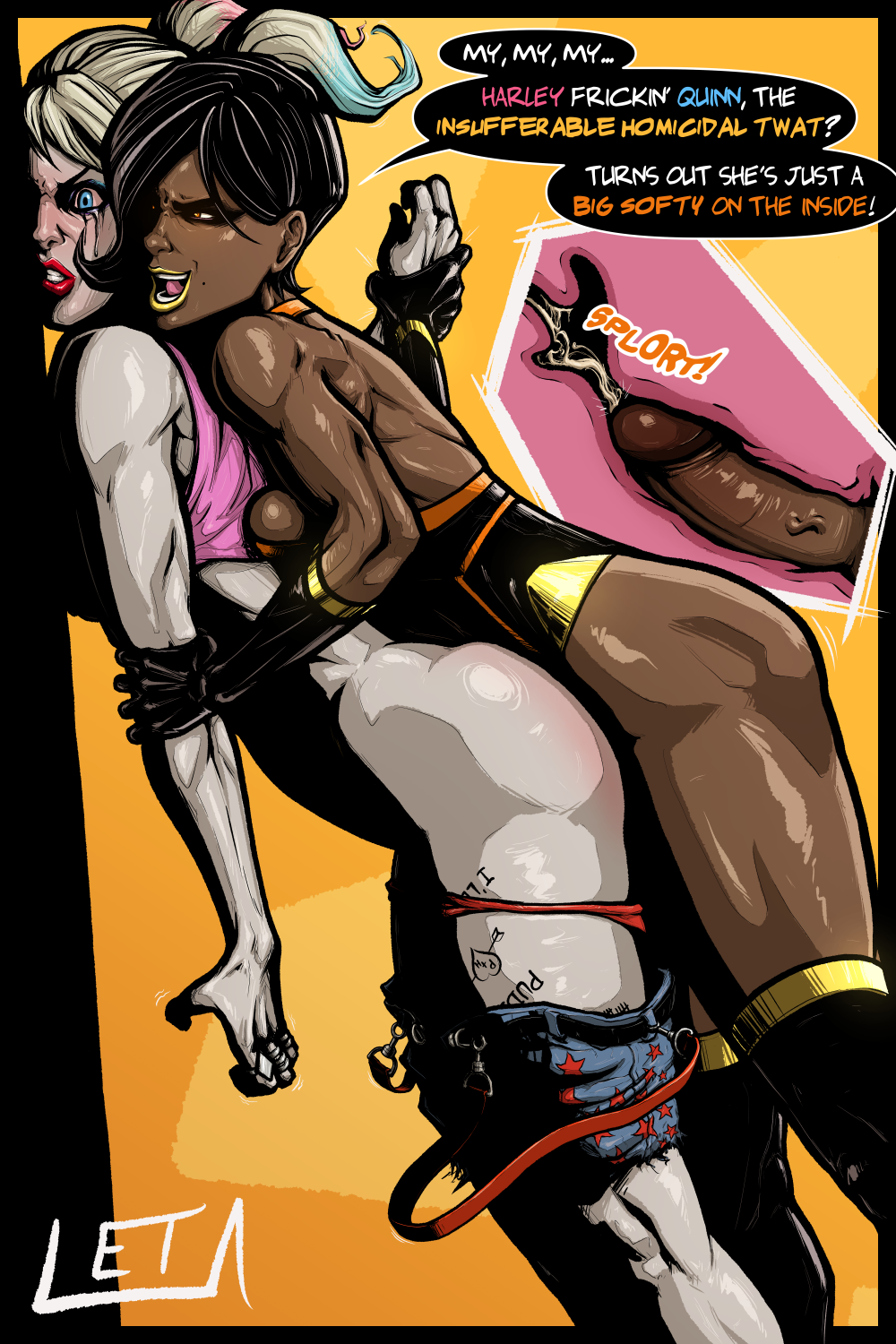 1futa batman_(series) black_hair blonde_hair brown_skin crying cum cum_in_pussy cum_inside dark-skinned_futanari dark_skin dc dialogue female from_behind futa_on_female futanari harley_quinn interracial leta lipstick pale_skin panties_down pussy rape sex tears twintails vaginal_penetration