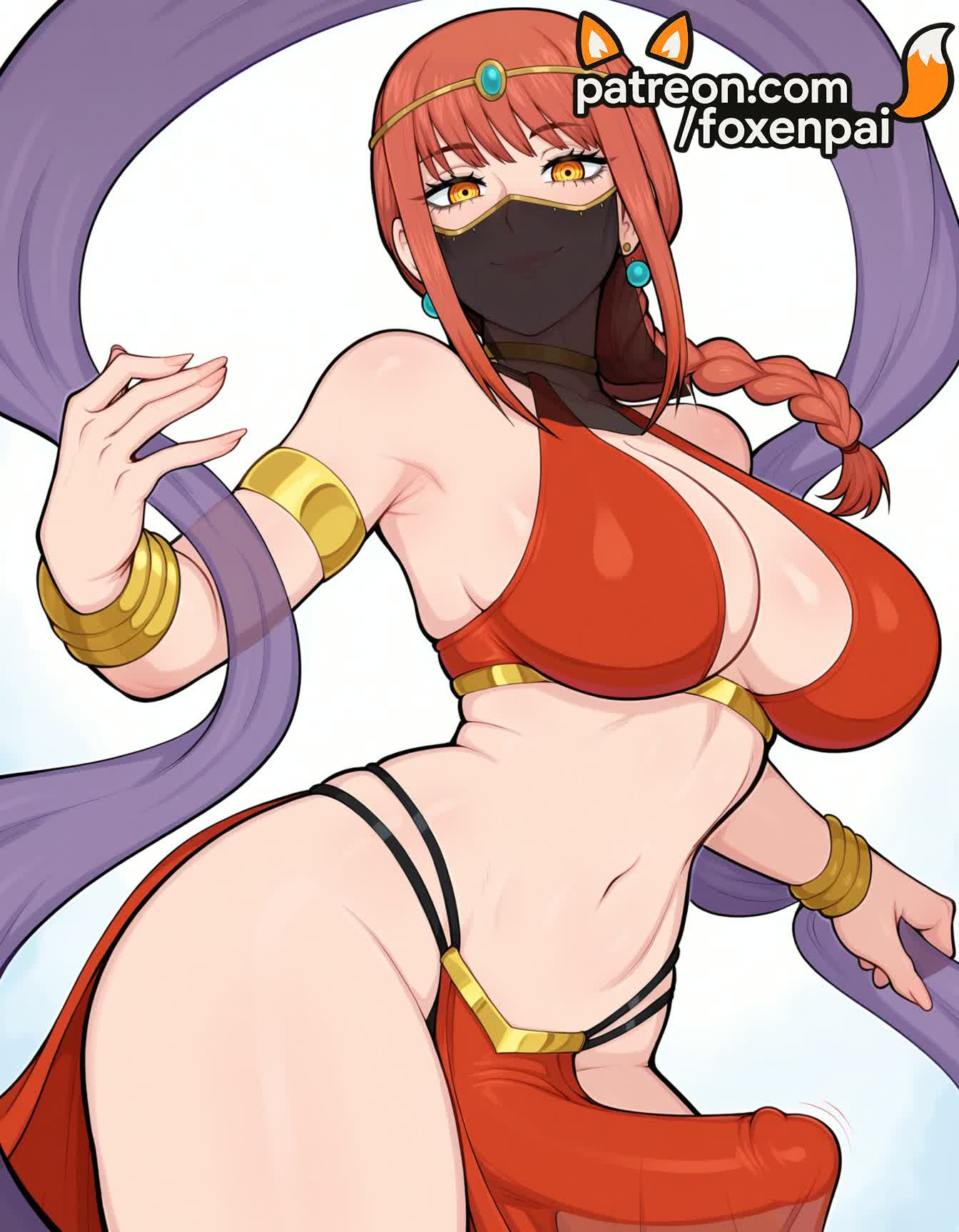 1futa, 2025, ai generated, arabian clothes, artist name, bangs, bare shoulders, big breasts, big chest, bracelet, breasts, bust, busty, chainsaw man, chest, cock, cosplay, dancer, dick, earrings, erection, foxenpai, futanari, hi res, high quality, high resolution, highres, jewelry, large breasts, long hair, makima (chainsaw man), mouth mask, mouth veil, navel, patreon, patreon username, pelvic curtain, penis, stable diffusion, watermark