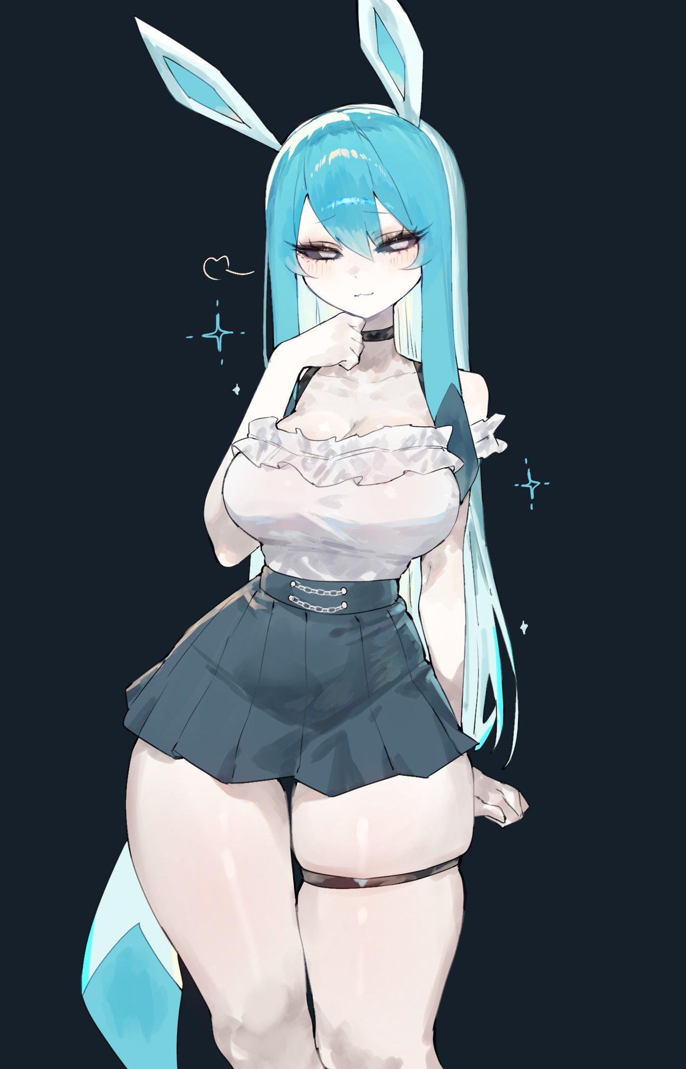 1girls, anthro, black background, black sclera, blue hair, blush, choker, clothing, eeveelution, eyelashes, female, female only, generation 4 pokemon, glaceon, hi res, long hair, looking at viewer, narrowed eyes, nintendo, pokemon, pokemon (species), simple background, skirt, smiling, smiling at viewer, solo, thick thighs, thigh squish, thigh strap, toge77789, togetoge, white eyes, wide hips