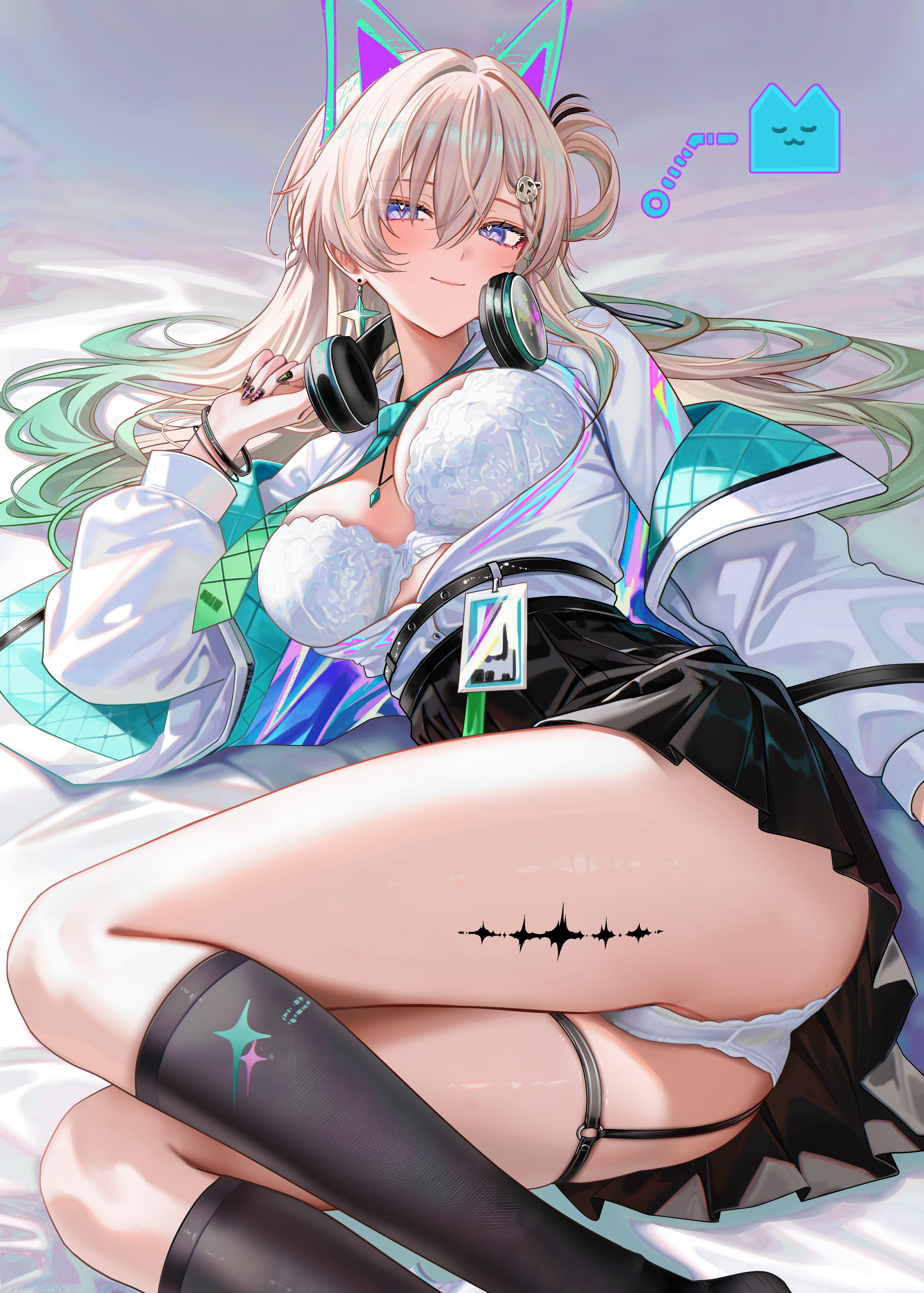 absurdres, aqua necktie, black skirt, black socks, blonde hair, bra, braid, braided bangs, breasts, closed mouth, earrings, female, fingernails, gradient hair, hair between eyes, hair ornament, hair spread out, headphones, headphones around neck, highres, id card, jacket, jewelry, long fingernails, long hair, looking at viewer, lynae (wuthering waves), medium breasts, multicolored hair, nail polish, necklace, necktie, open clothes, open shirt, panties, pantyshot, partially visible vulva, purple eyes, ru zhai, shirt, shirt tucked in, skirt, skull hair ornament, smile, socks, solo, star (symbol), star earrings, tacet mark (wuthering waves), underwear, white bra, white jacket, white panties, white shirt, wuthering waves