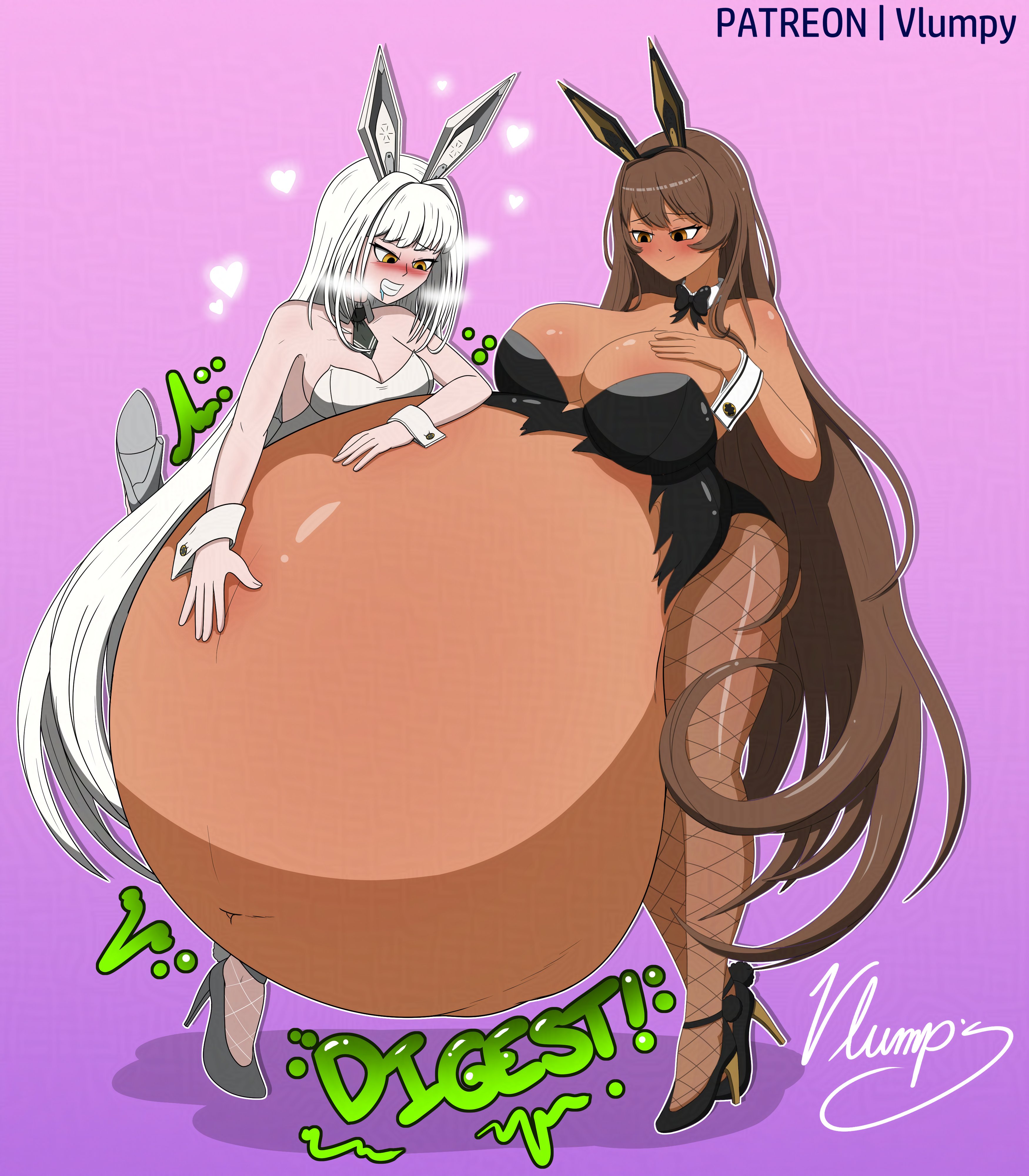 blanc (nikke), bunnysuit, dark skin, digestion noises, fat, female, fishnets, gigantic belly, goddess of victory: nikke, hyper, hyper belly, hyper breasts, noir (nikke), sisters, tagme, vlumpy, vore, vore belly