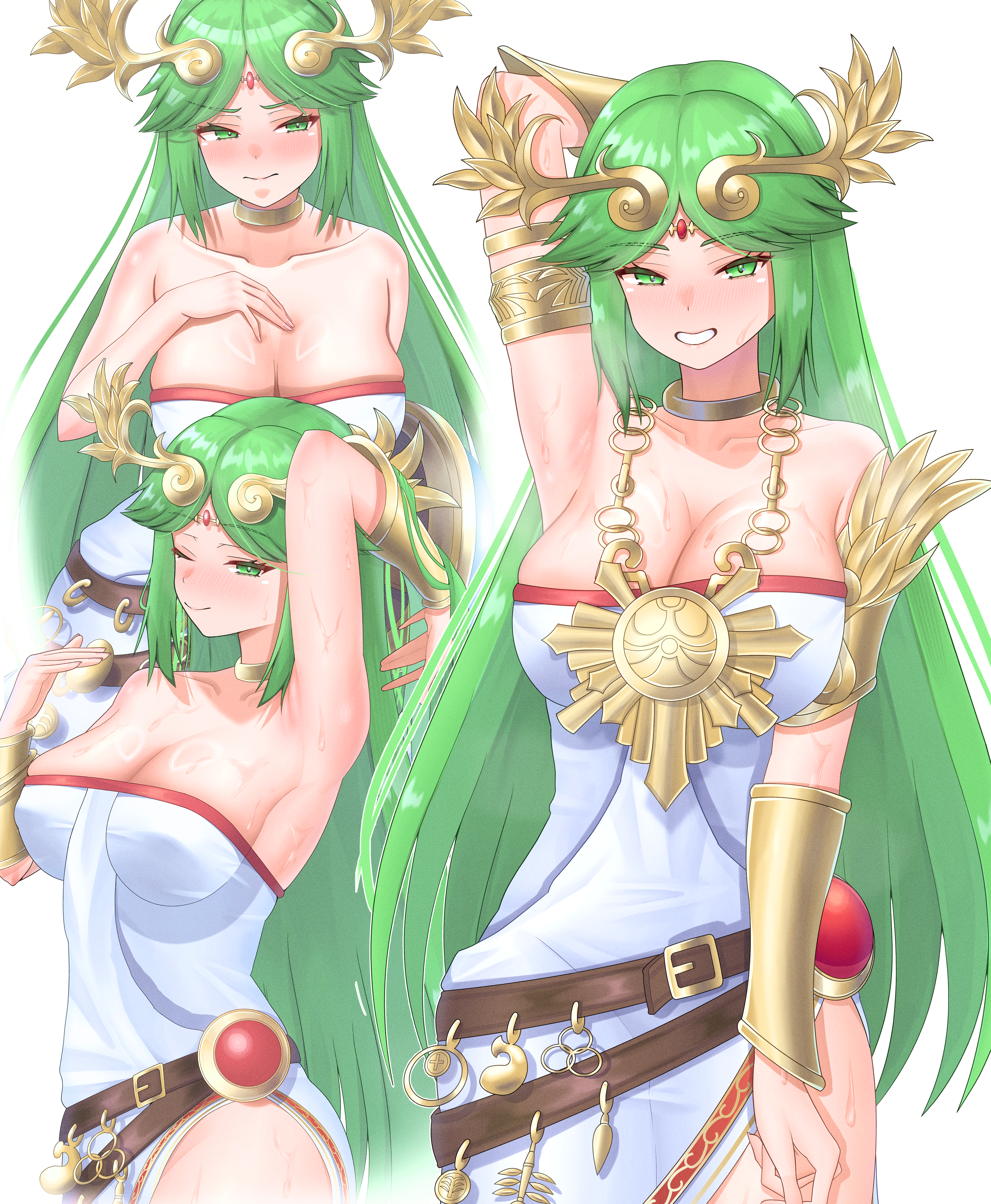 1girls, absurdres, armpits, belt, breasts, brown belt, circlet, cleavage, collarbone, dress, female, female only, forehead jewel, green eyes, green hair, grin, highres, jewelry, kid icarus, large breasts, long hair, looking at viewer, meipasuye, multiple views, neck ring, necklace, nintendo, palutena, simple background, smile, strapless, strapless dress, sweat, very long hair, white background