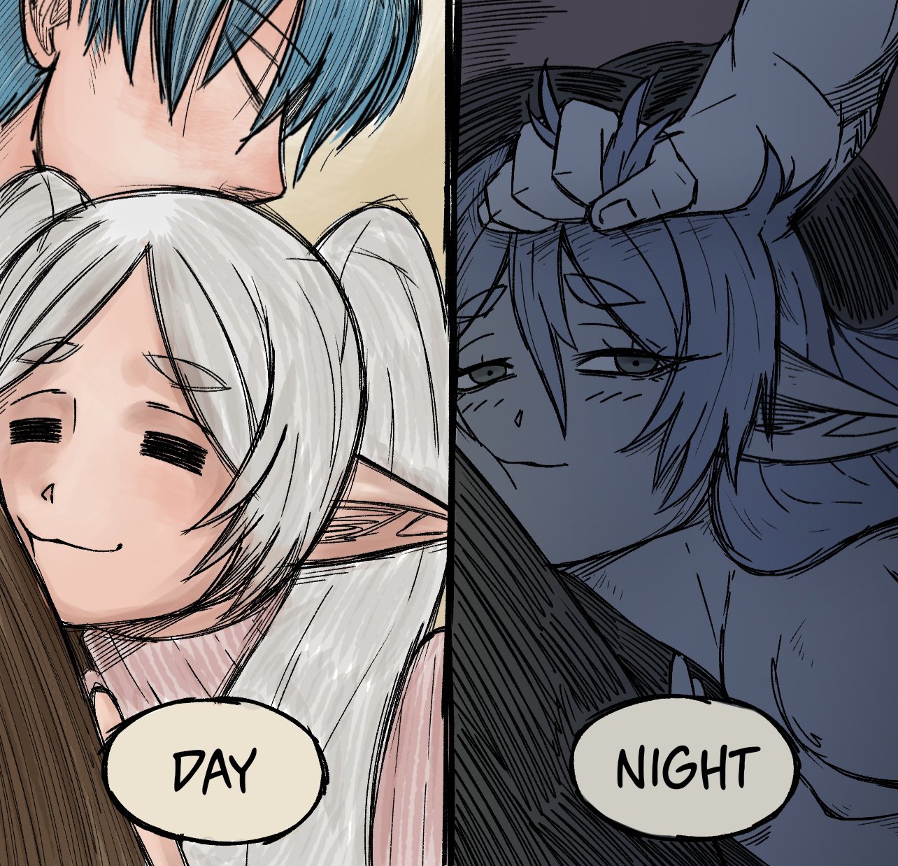 1boy, 1girls, age difference, basedlida, blue hair, day, elf, elf ears, elf female, female, frieren, grabbing hair, green eyes, grey hair, hair grab, himmel (sousou no frieren), holding hair, human, human on elf, light skin, light-skinned female, male, male human/female elf, male/female, mature female, mature male, meme, night, older female, pointy ears, rough sex, smile, smiling, sometimes like this also like that, sousou no frieren, straight, tagme, text, time lapse, time skip, twintails, younger male, younger penetrating older